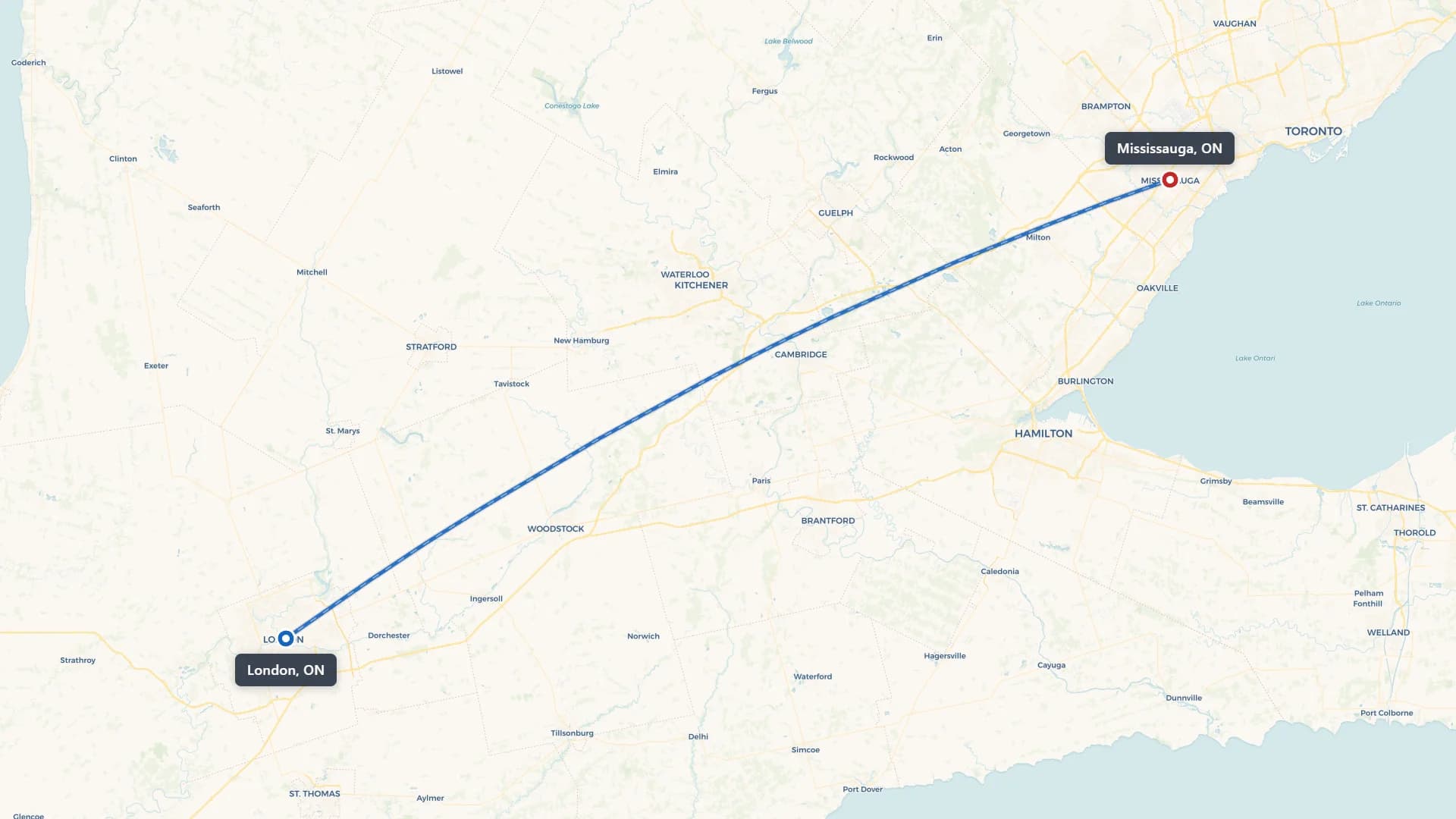 Map showing the London to Mississauga car shipping route through Ontario