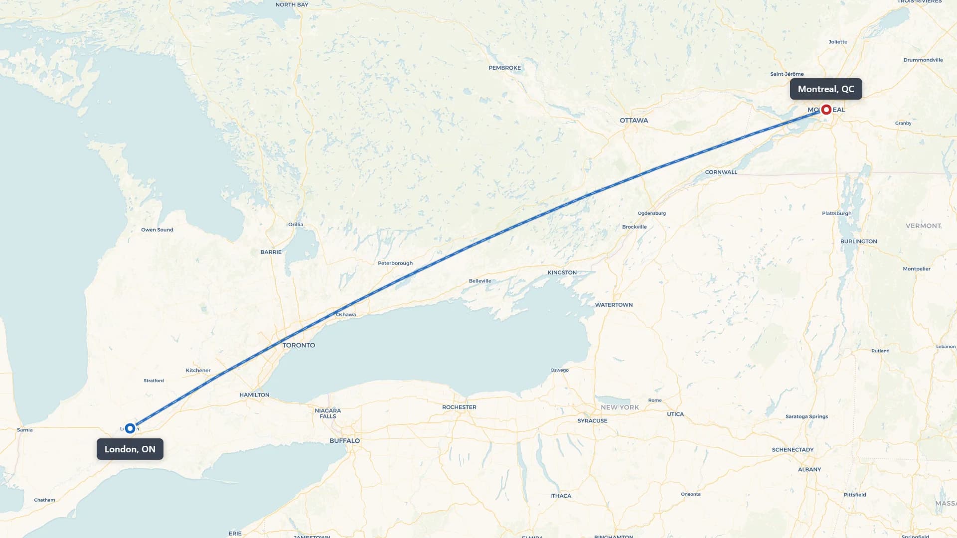 Map showing the London to Montreal car shipping route