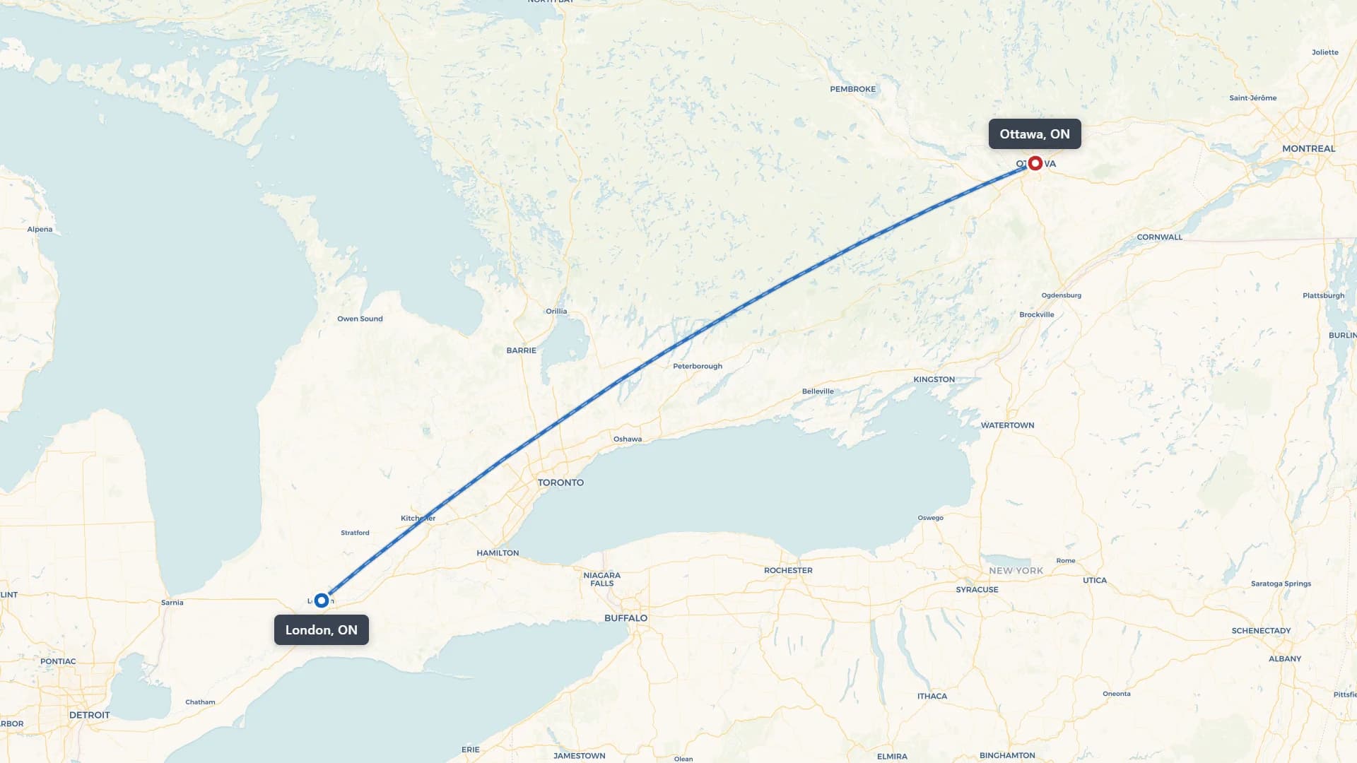 Map showing the London to Ottawa car shipping route