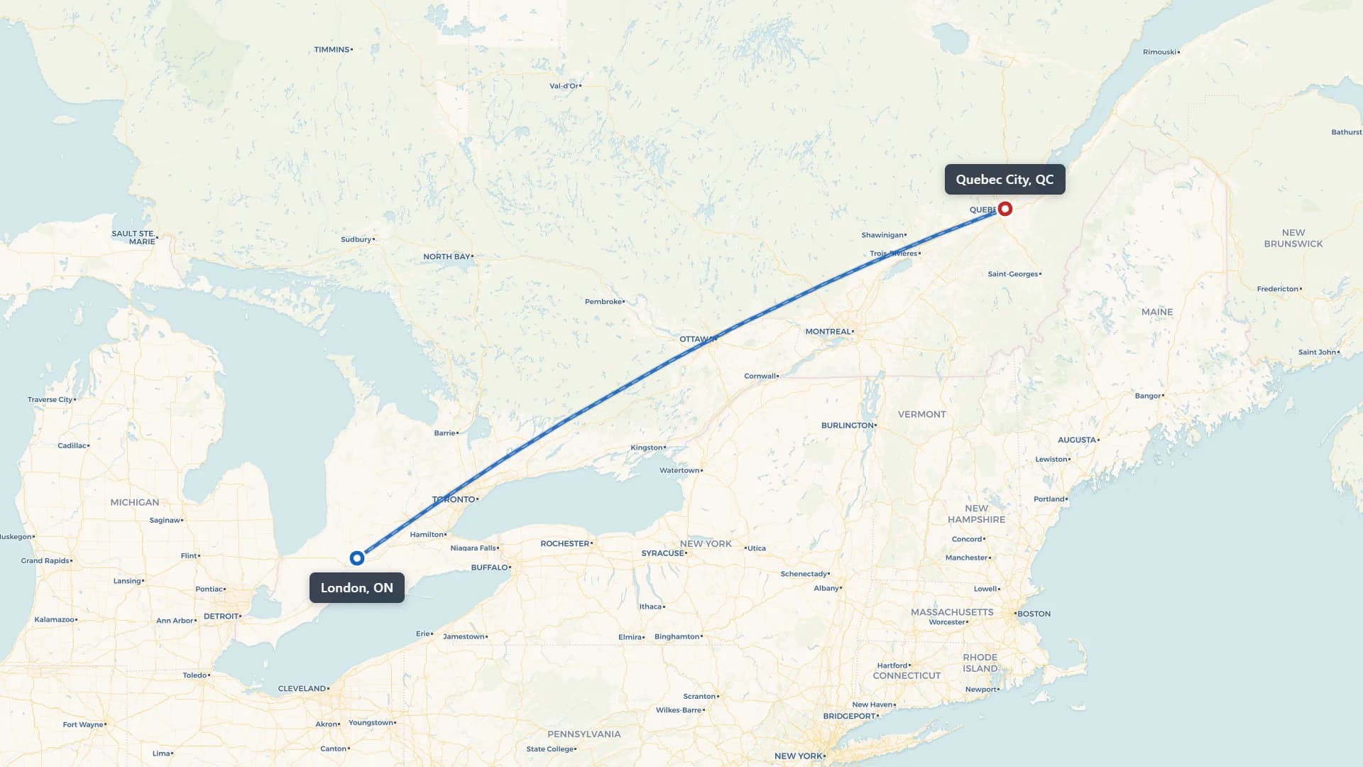 Map showing the London to Quebec City car shipping route