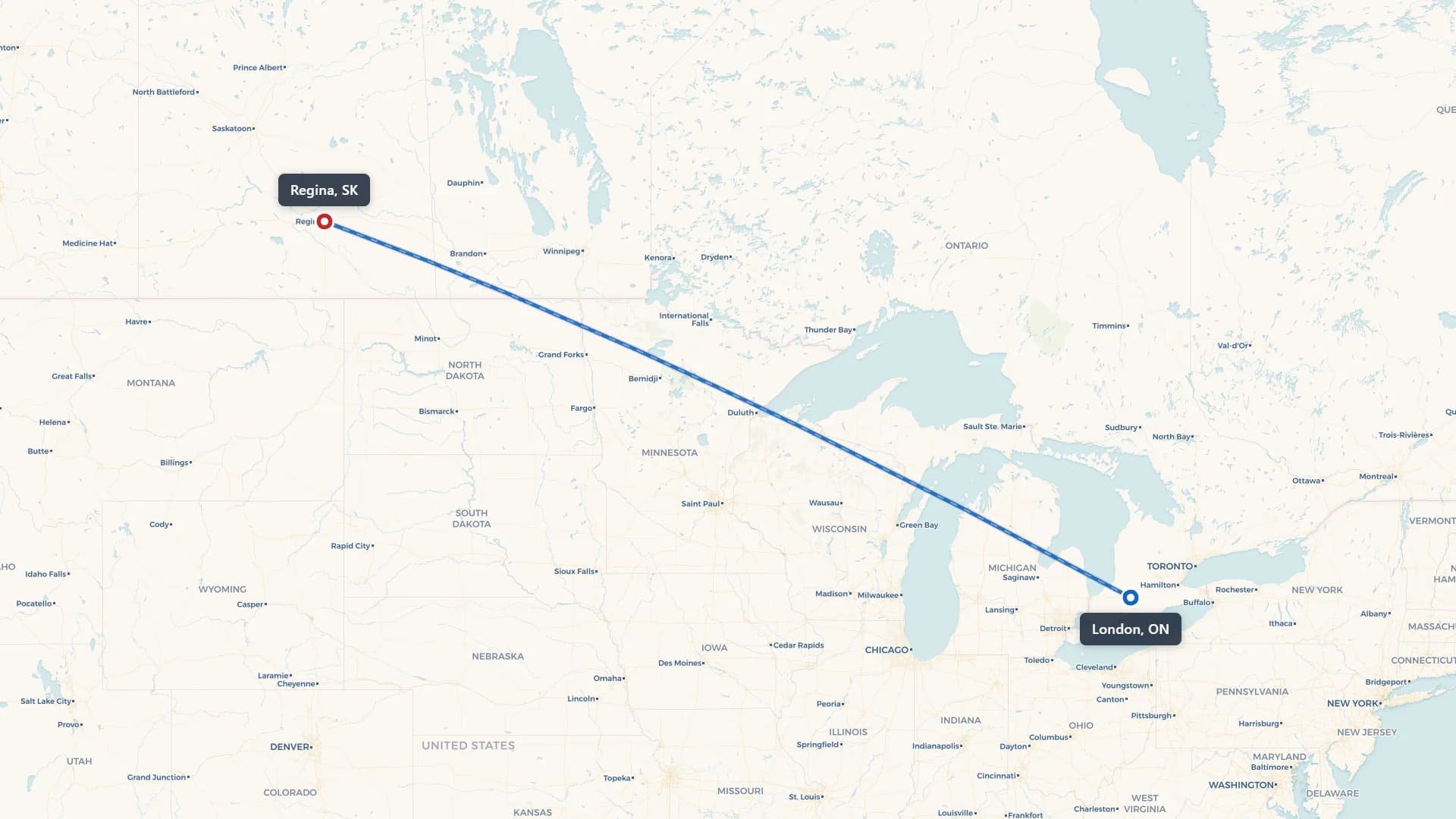 Map showing the London to Regina car shipping route