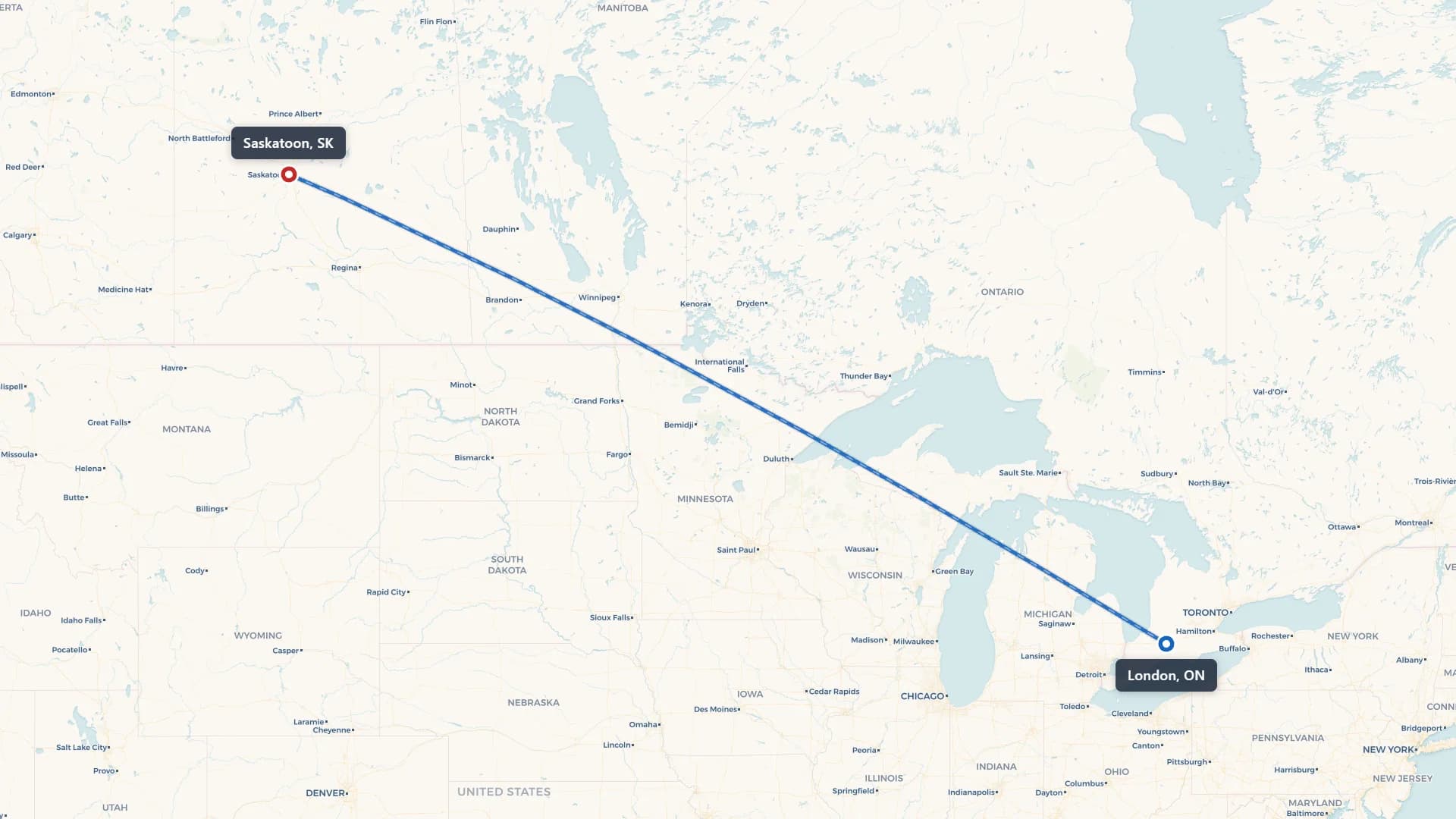 Map showing the London to Saskatoon car shipping route