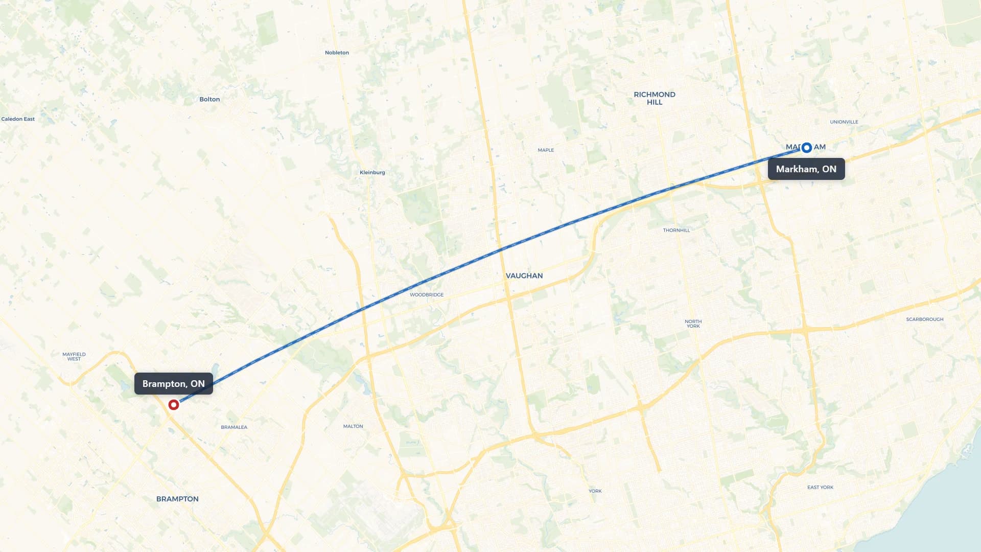 Map showing the Markham to Brampton car shipping route