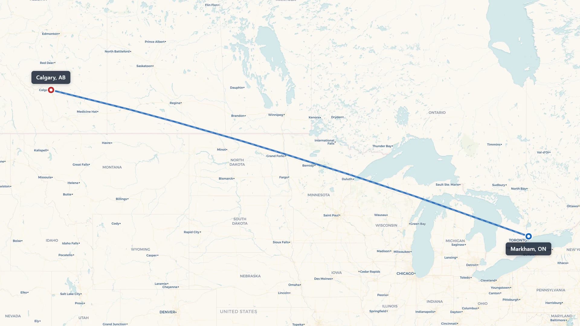 Map showing the Markham to Calgary car shipping route