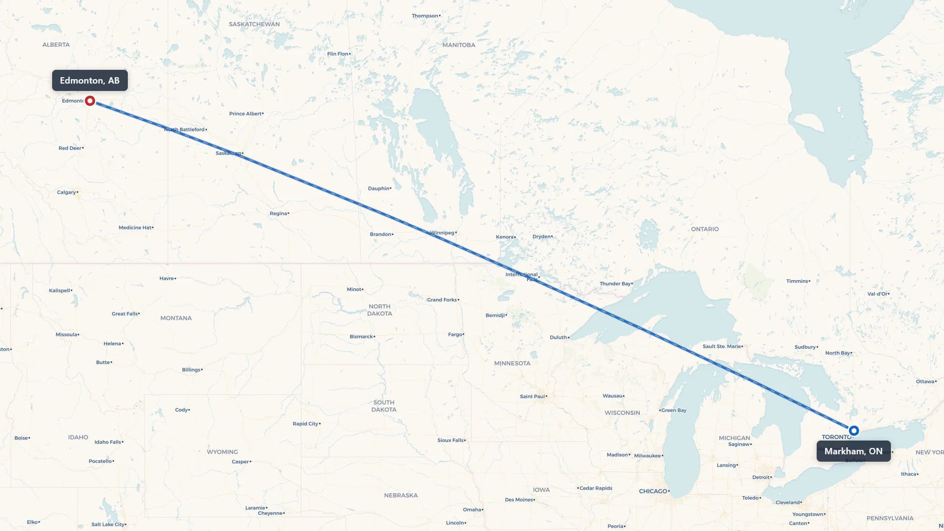 Map showing the Markham to Edmonton car shipping route