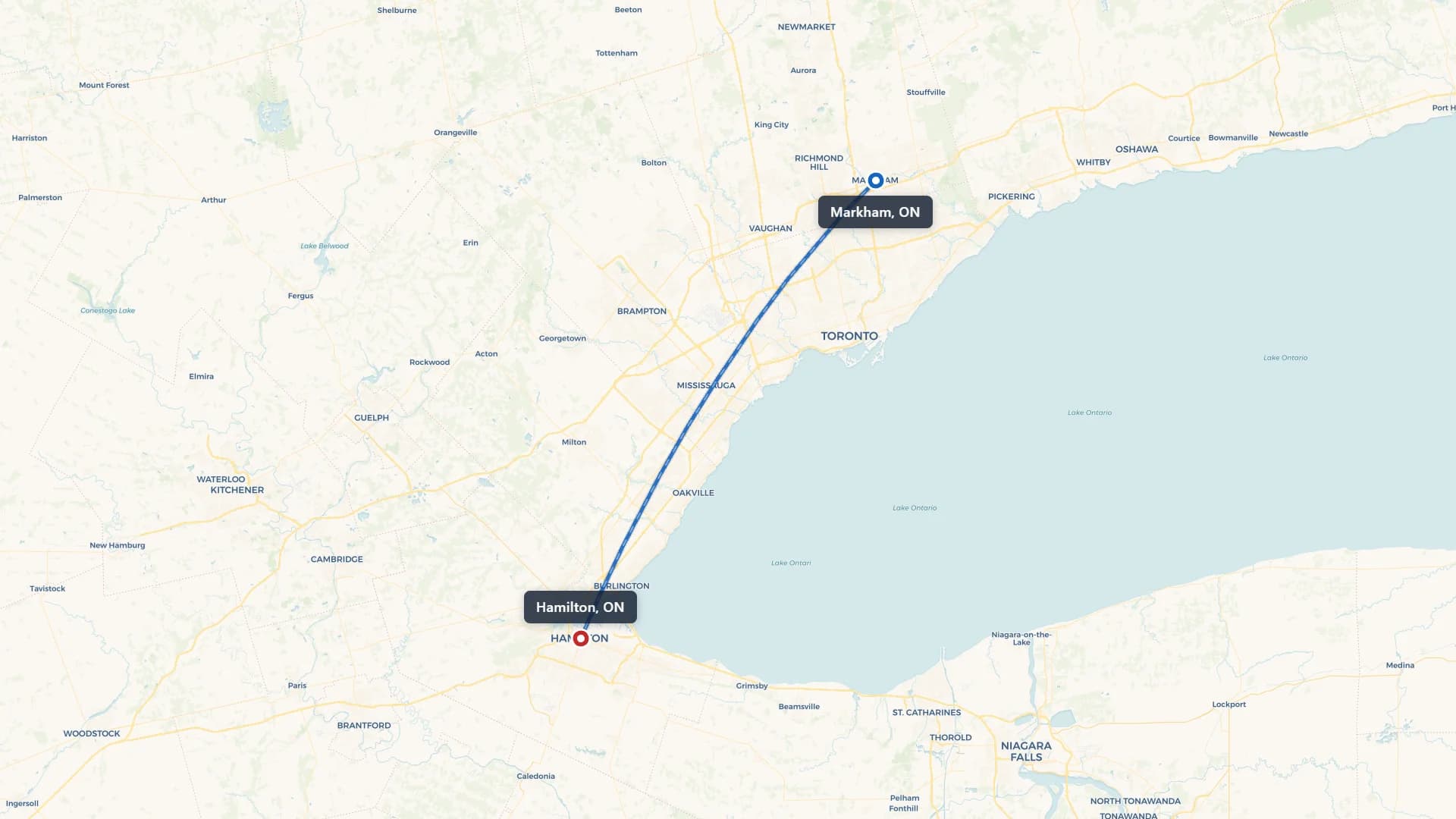 Map showing the Markham to Hamilton car shipping route