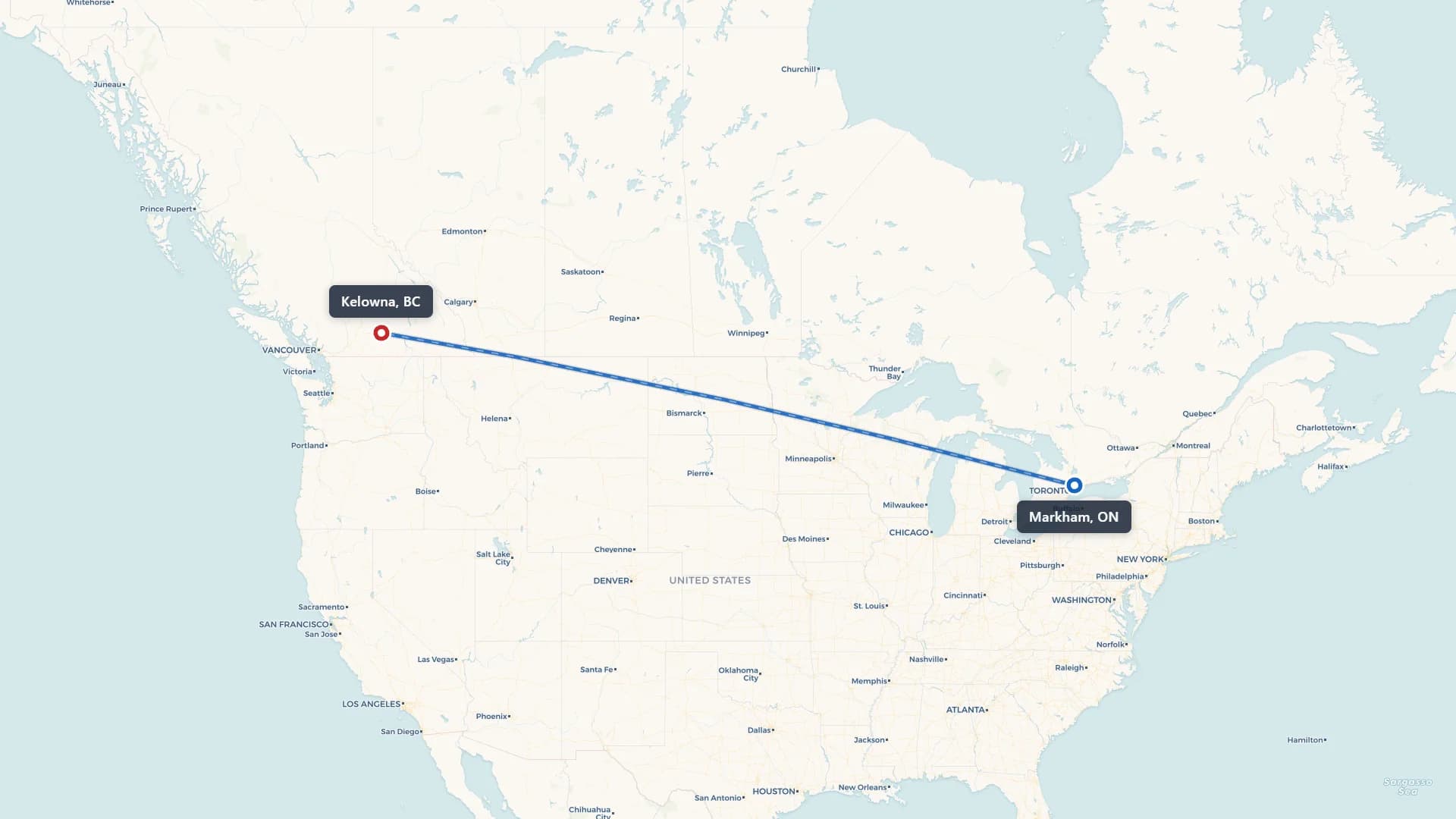 Map showing the Markham to Kelowna car shipping route