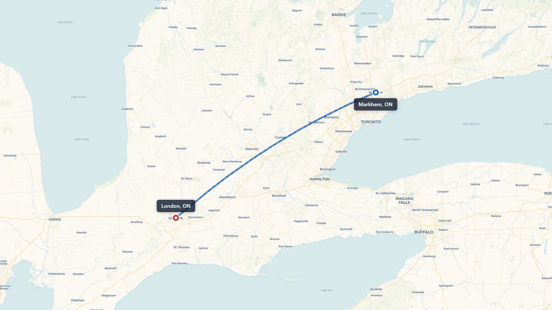 Map showing the Markham to London car shipping route