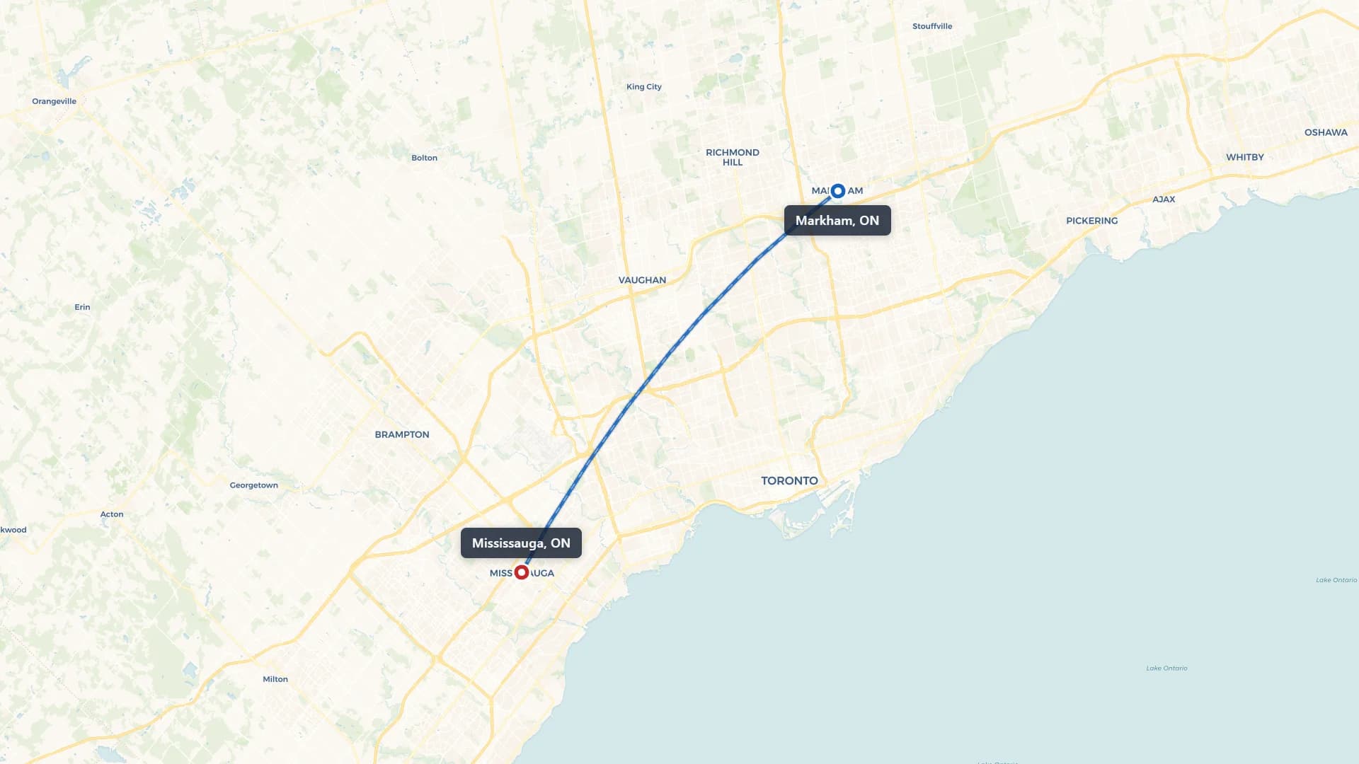Map showing the Markham to Mississauga car shipping route