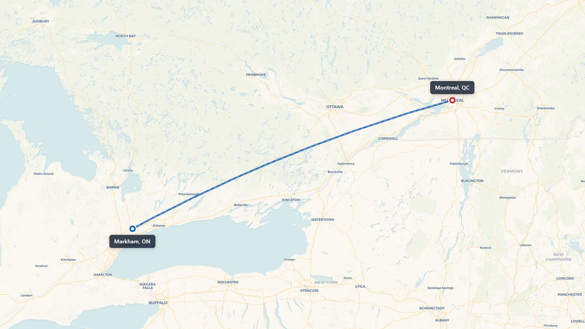 Map showing the Markham to Montreal car shipping route