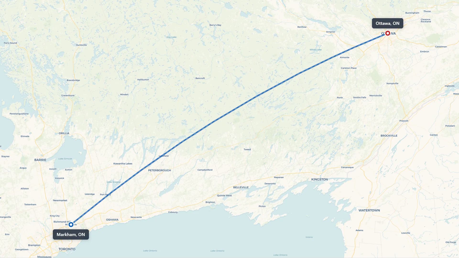Map showing the Markham to Ottawa car shipping route