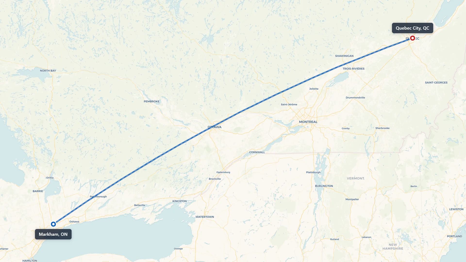 Map showing the Markham to Quebec City car shipping route