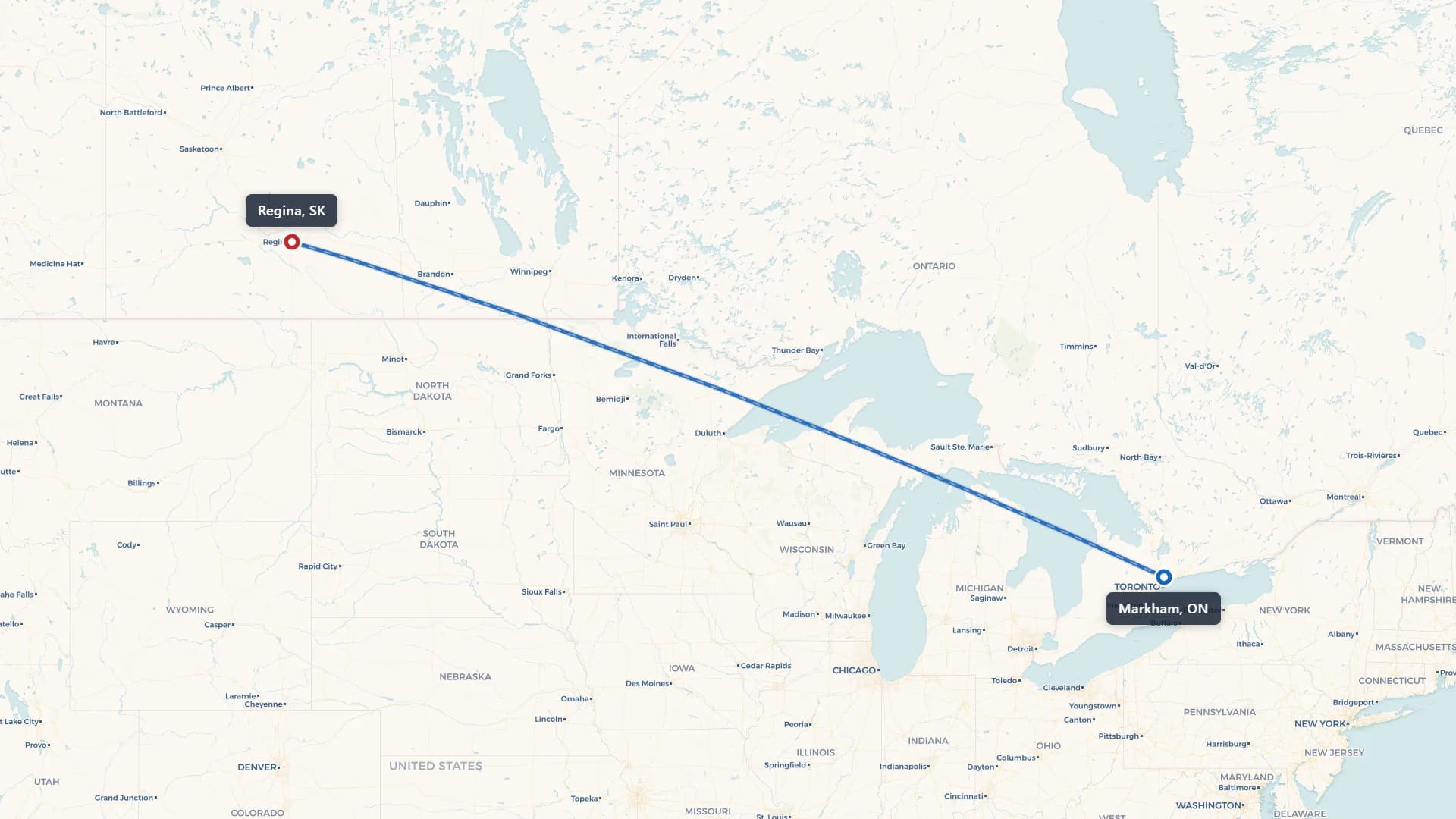 Map showing the Markham to Regina car shipping route