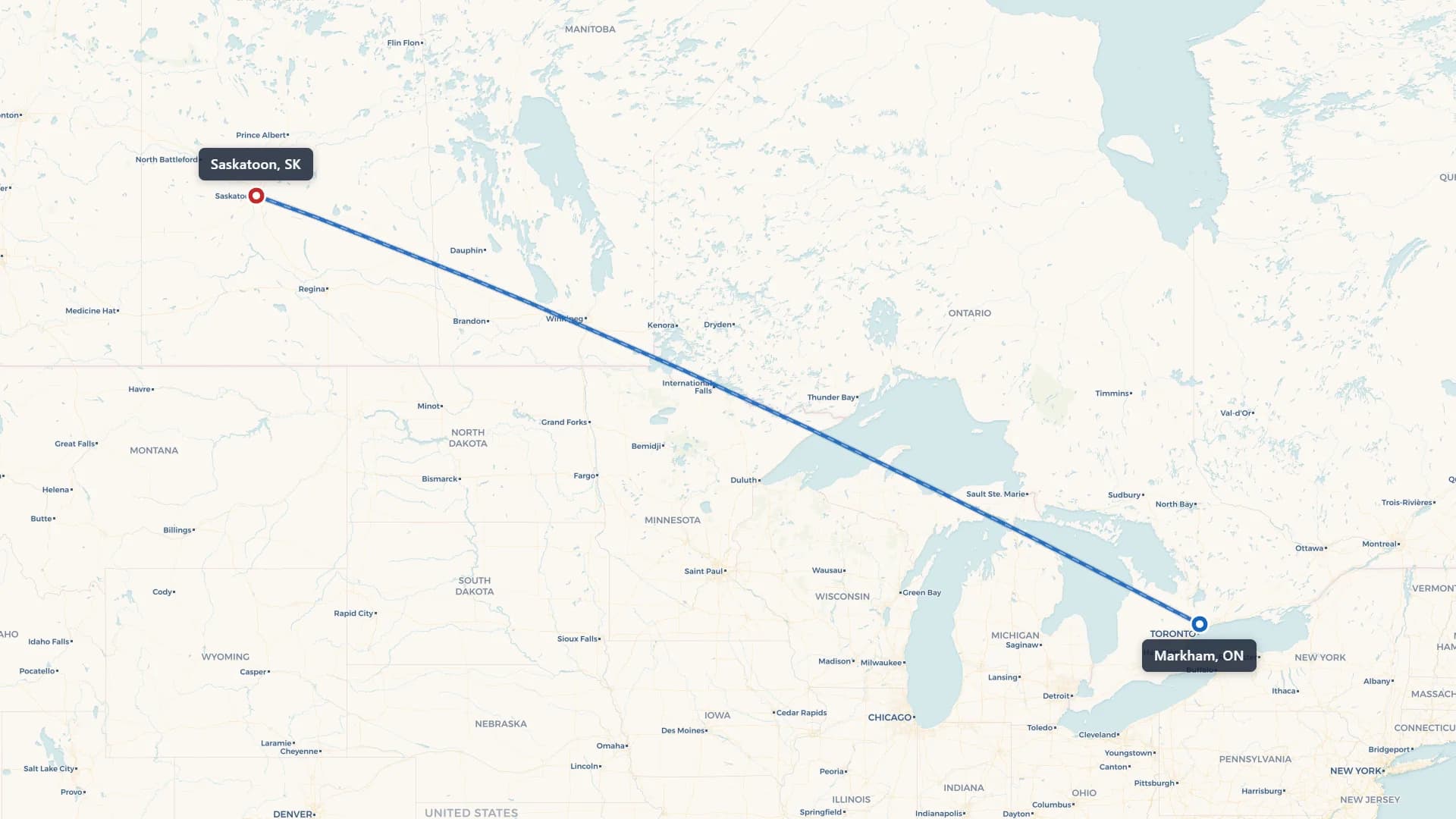 Map showing the Markham to Saskatoon car shipping route