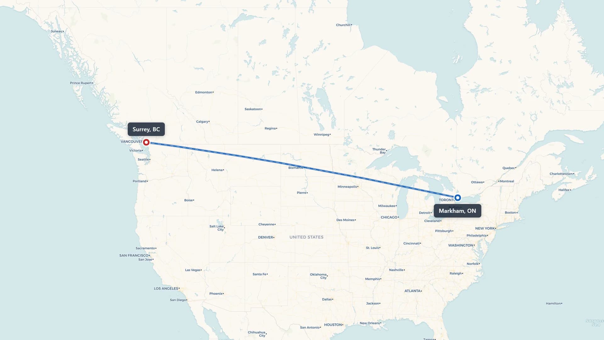 Map showing the Markham to Surrey car shipping route