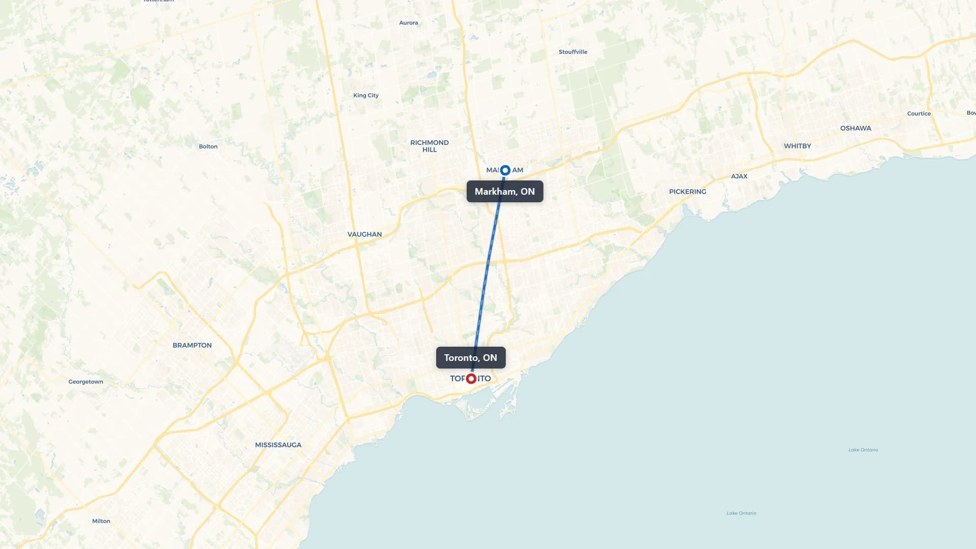 Map showing the Markham to Toronto car shipping route