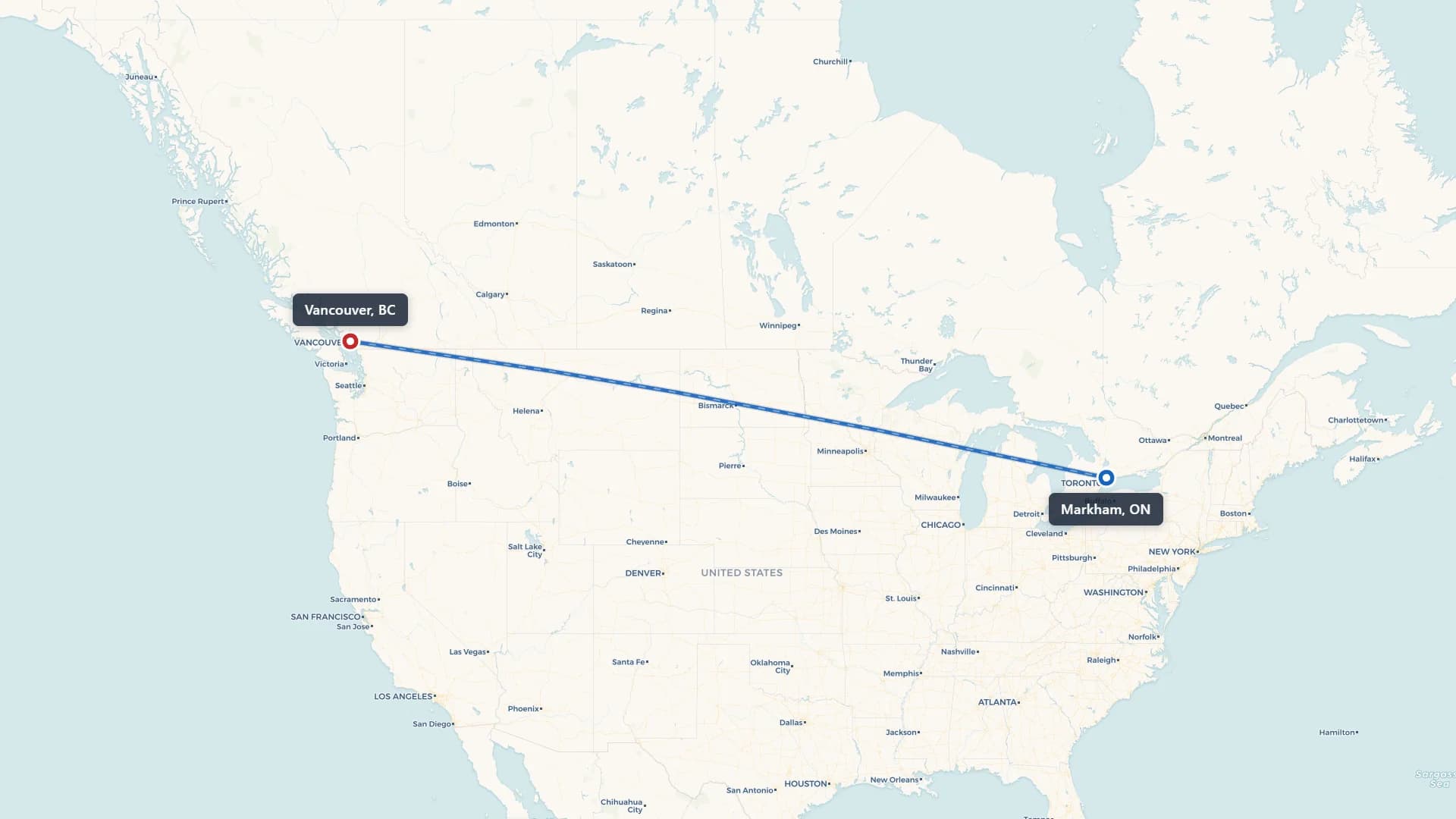 Map showing the Markham to Vancouver car shipping route