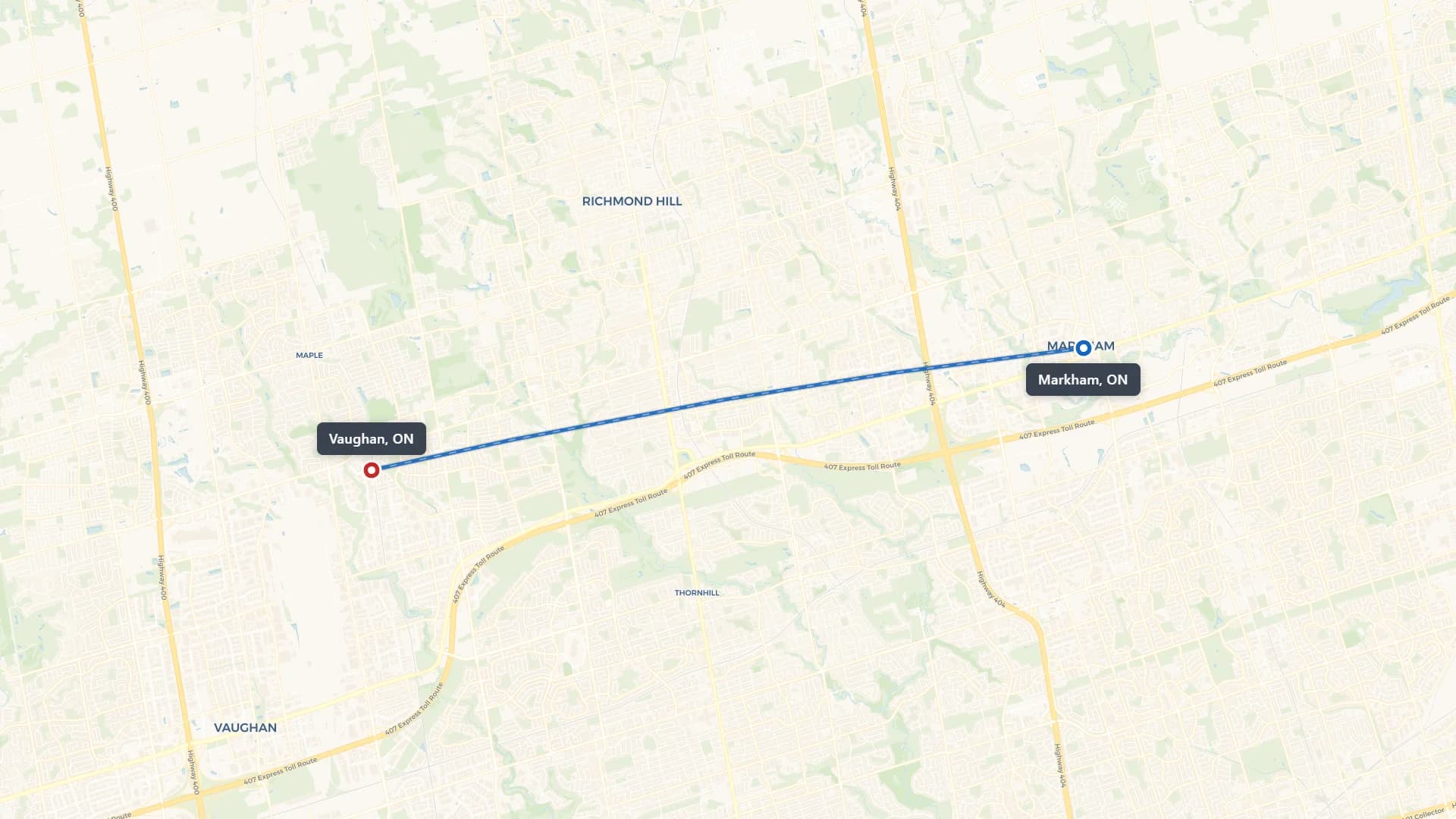 Map showing the Markham to Vaughan car shipping route
