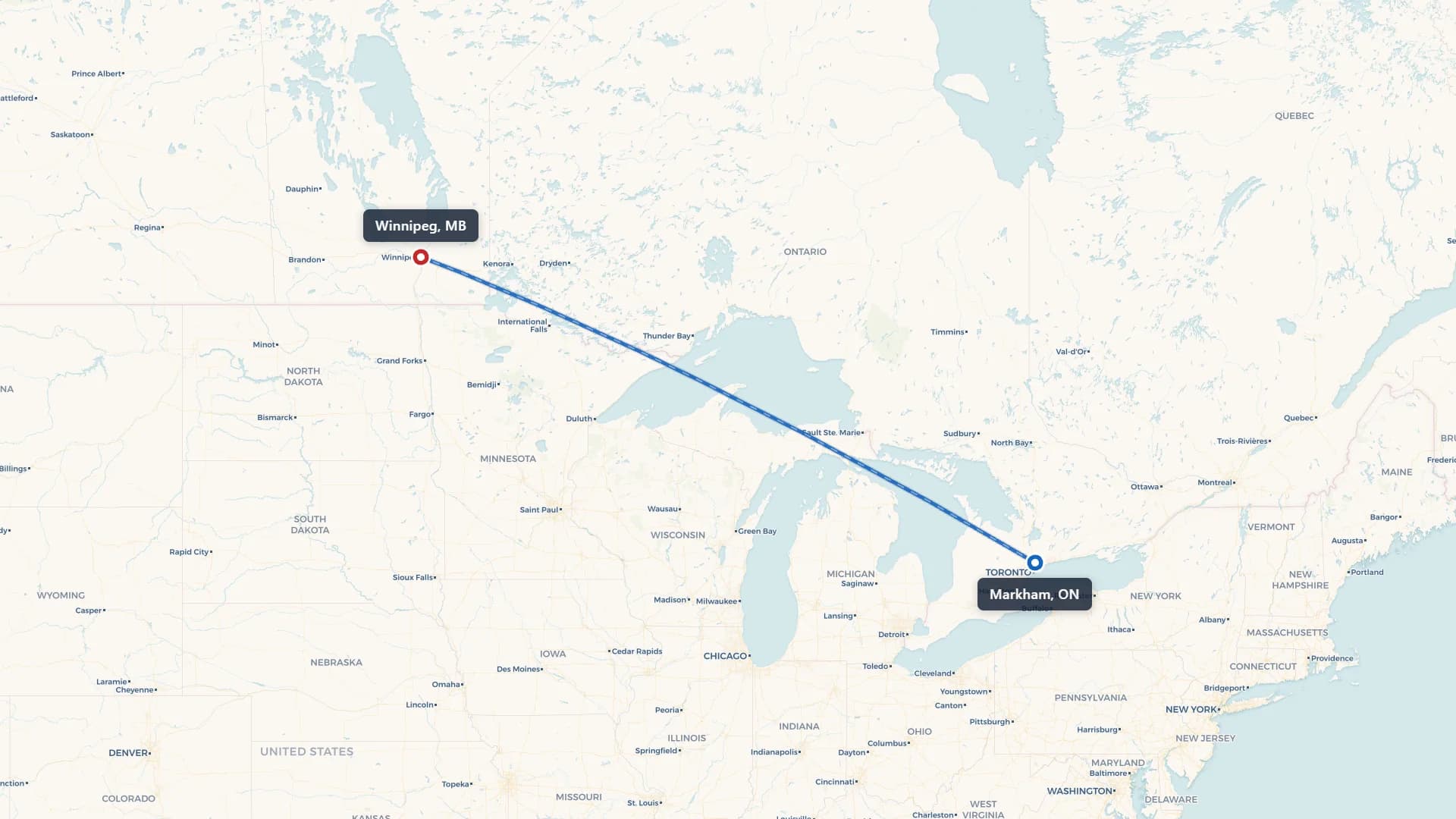 Map showing the Markham to Winnipeg car shipping route