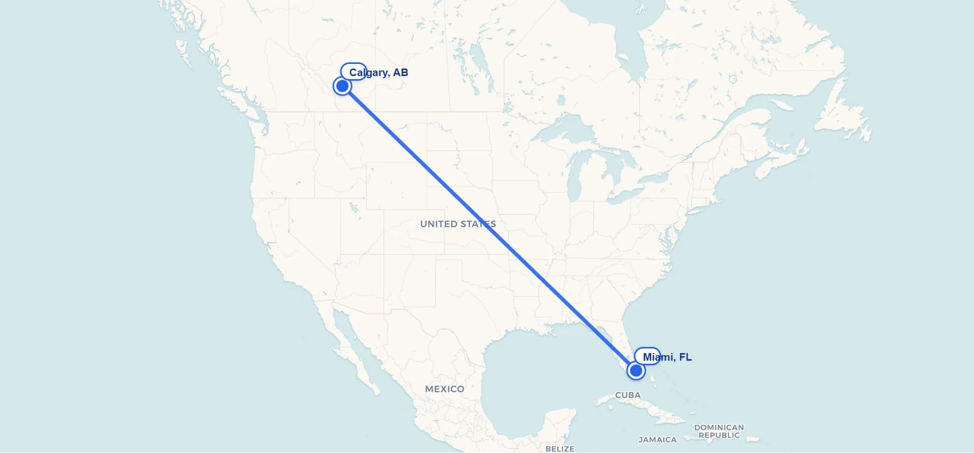Map showing Miami to Calgary cross-border shipping route