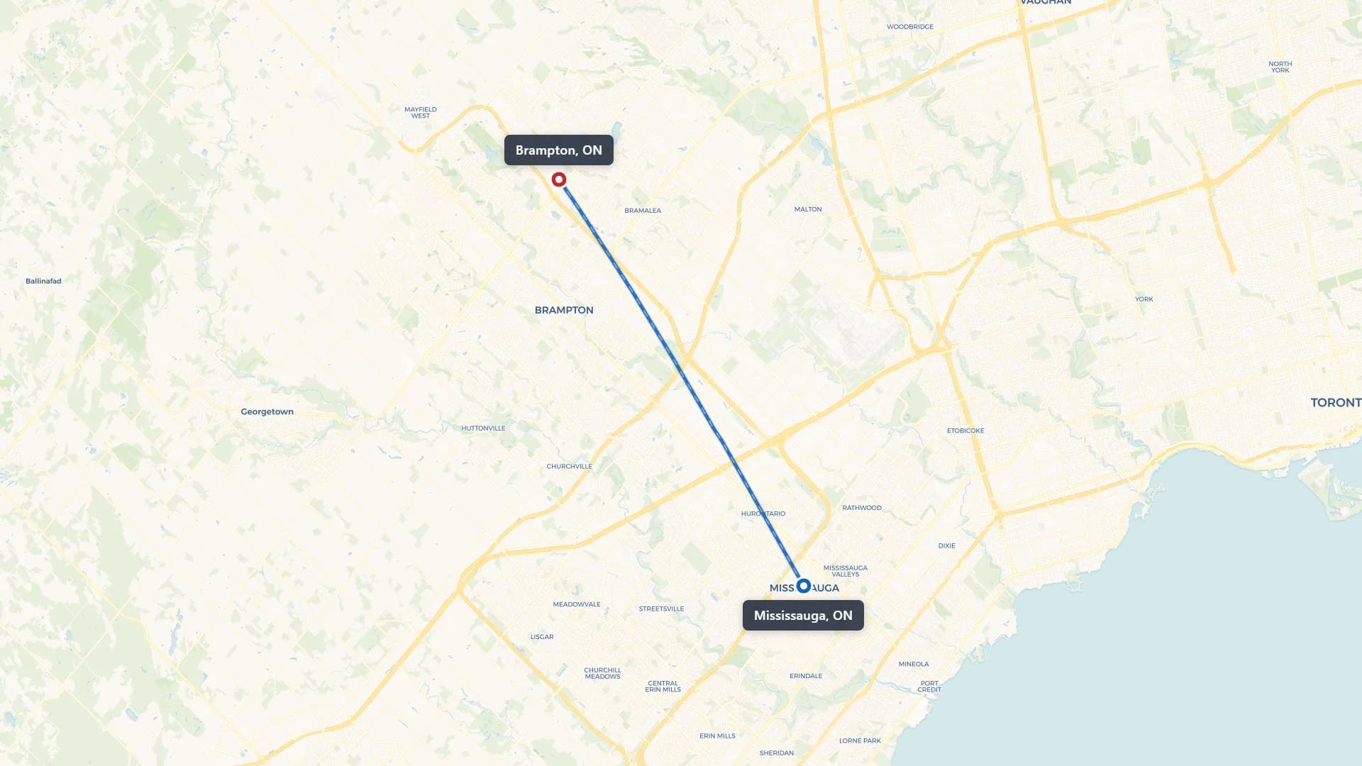 Map showing the Mississauga to Brampton car shipping route