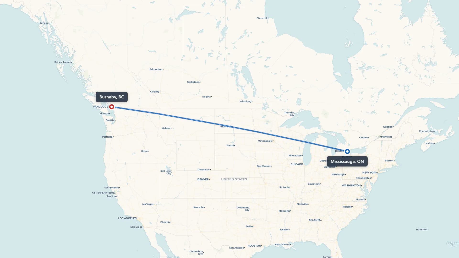 Map showing the Mississauga to Burnaby car shipping route