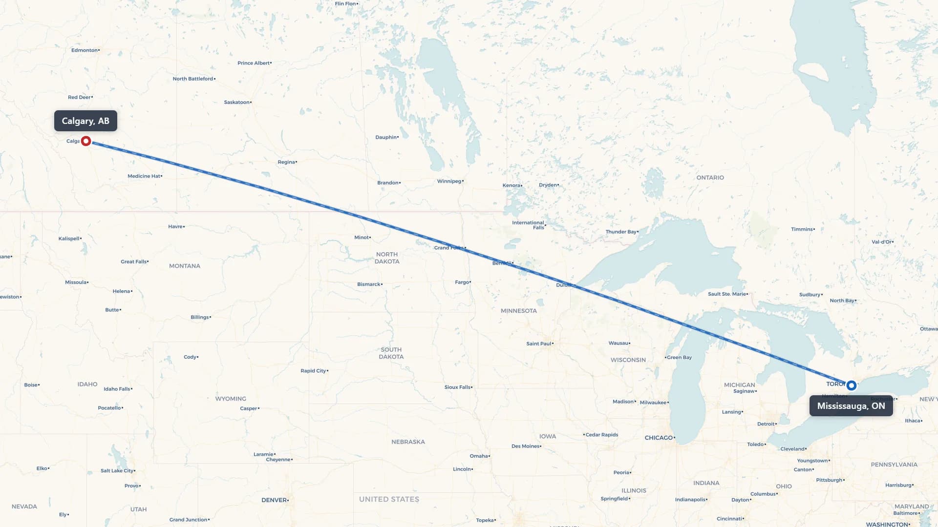 Map showing the Mississauga to Calgary car shipping route