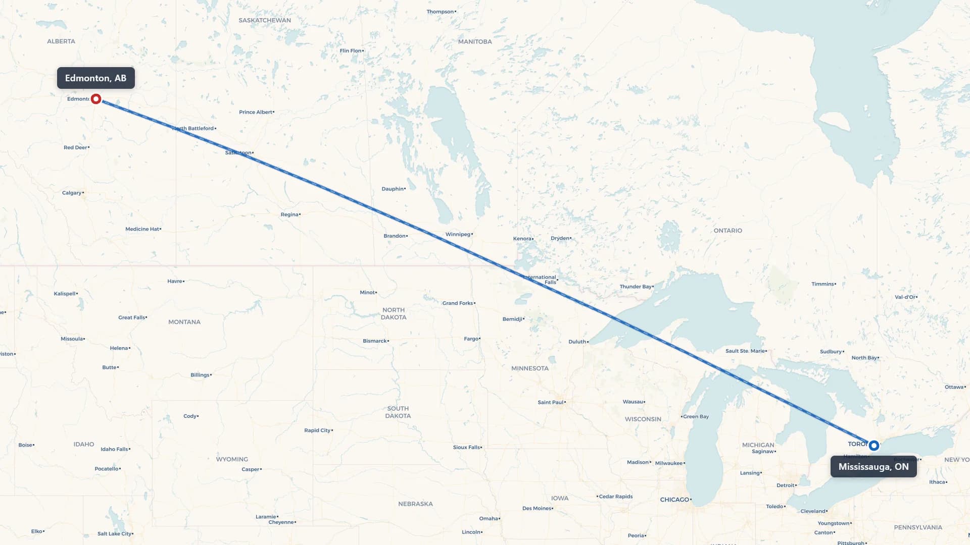 Map showing the Mississauga to Edmonton car shipping route