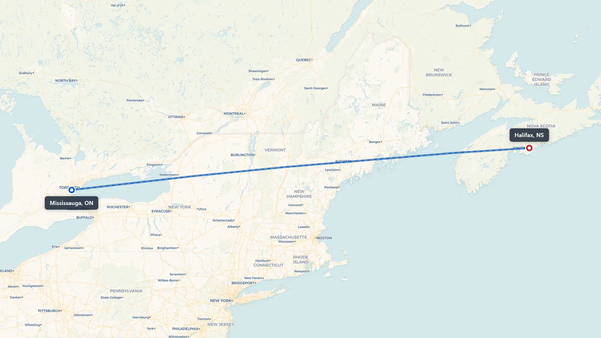 Map showing the Mississauga to Halifax car shipping route