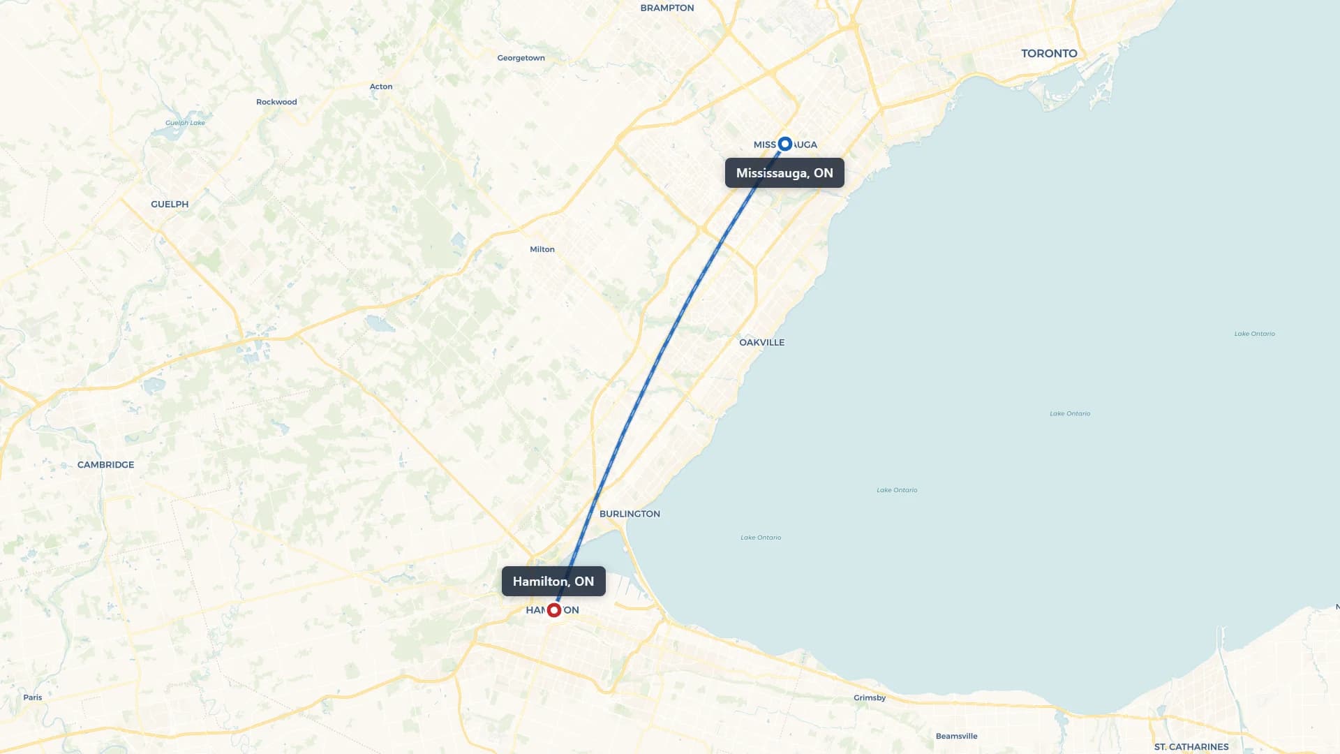 Map showing the Mississauga to Hamilton car shipping route
