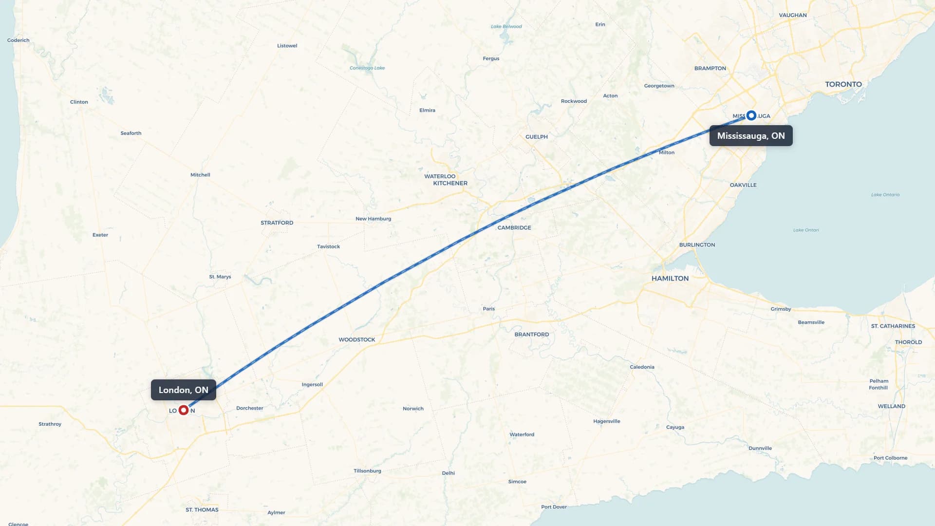 Map showing the Mississauga to London car shipping route