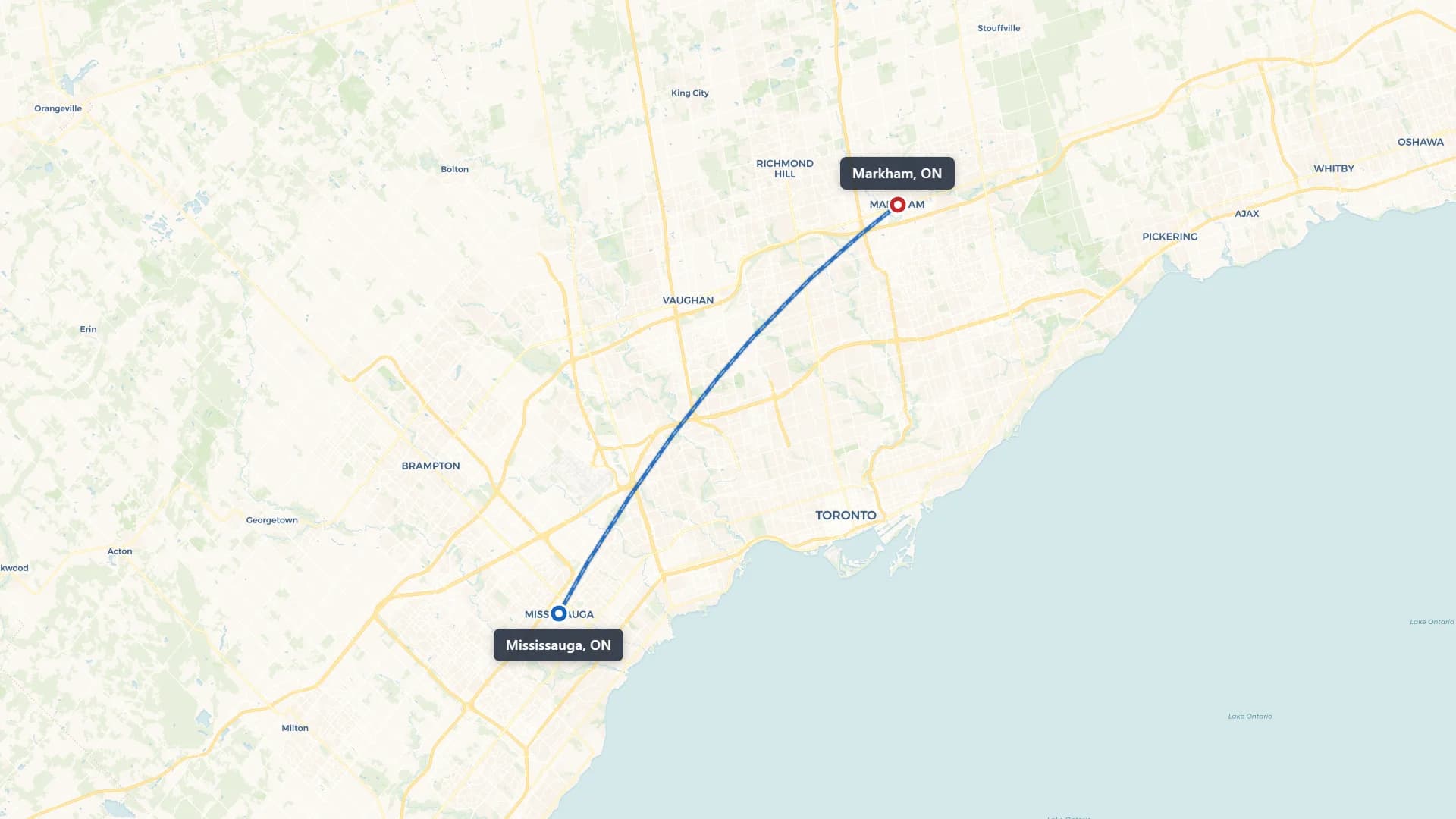 Map showing the Mississauga to Markham car shipping route