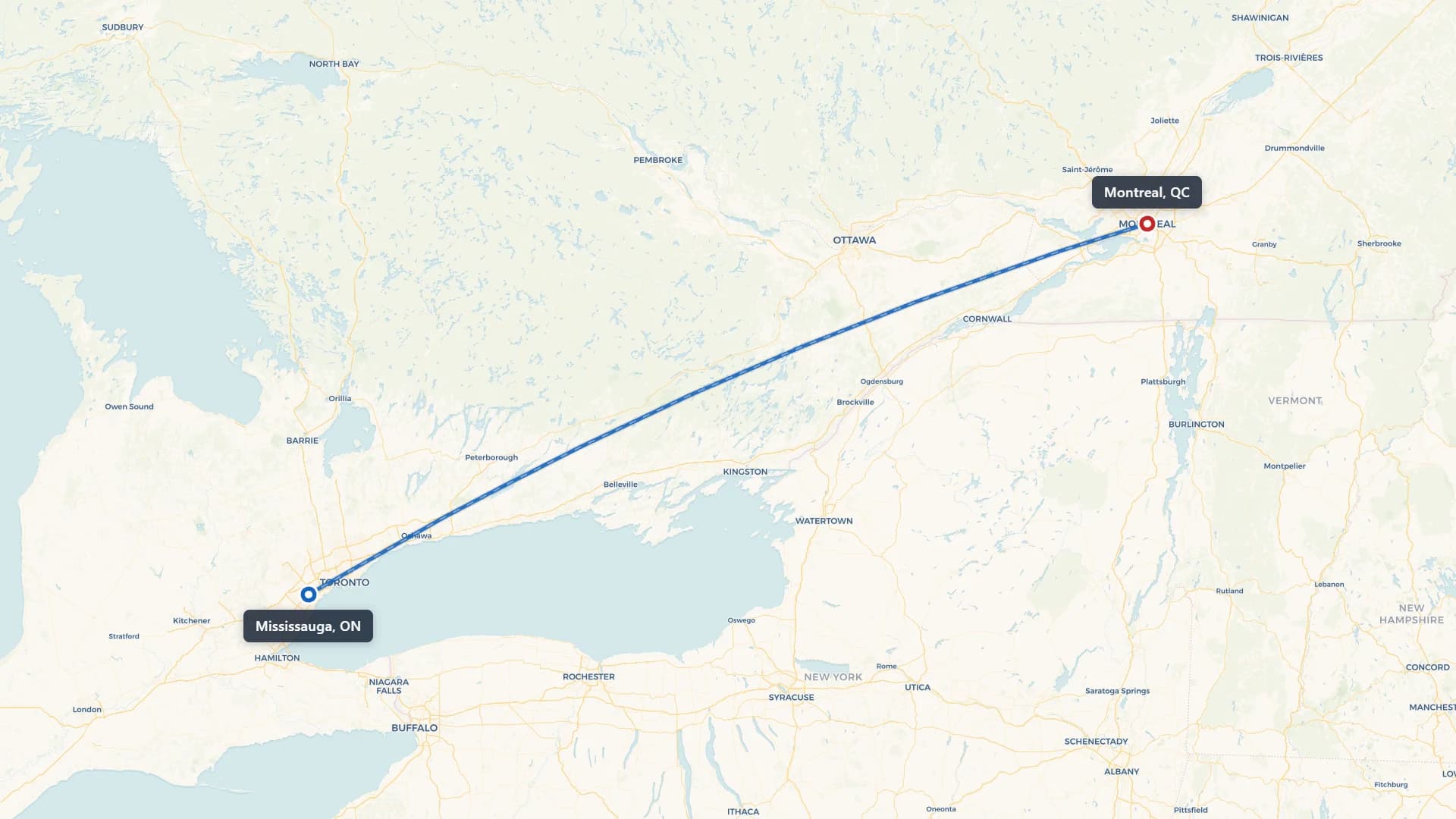Map showing the Mississauga to Montreal car shipping route