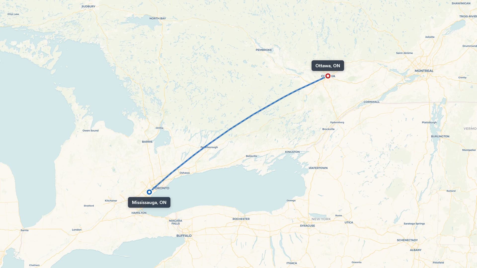 Map showing the Mississauga to Ottawa car shipping route