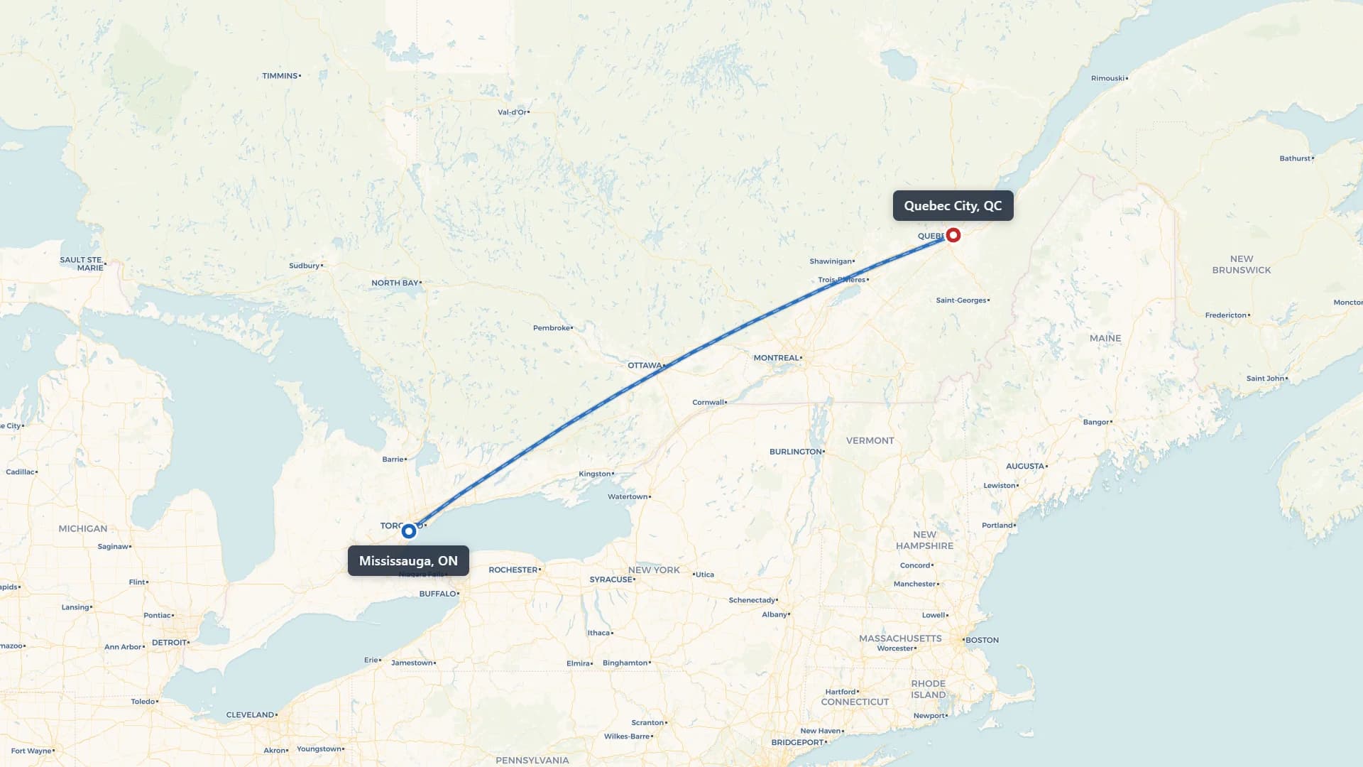 Map showing the Mississauga to Quebec City car shipping route