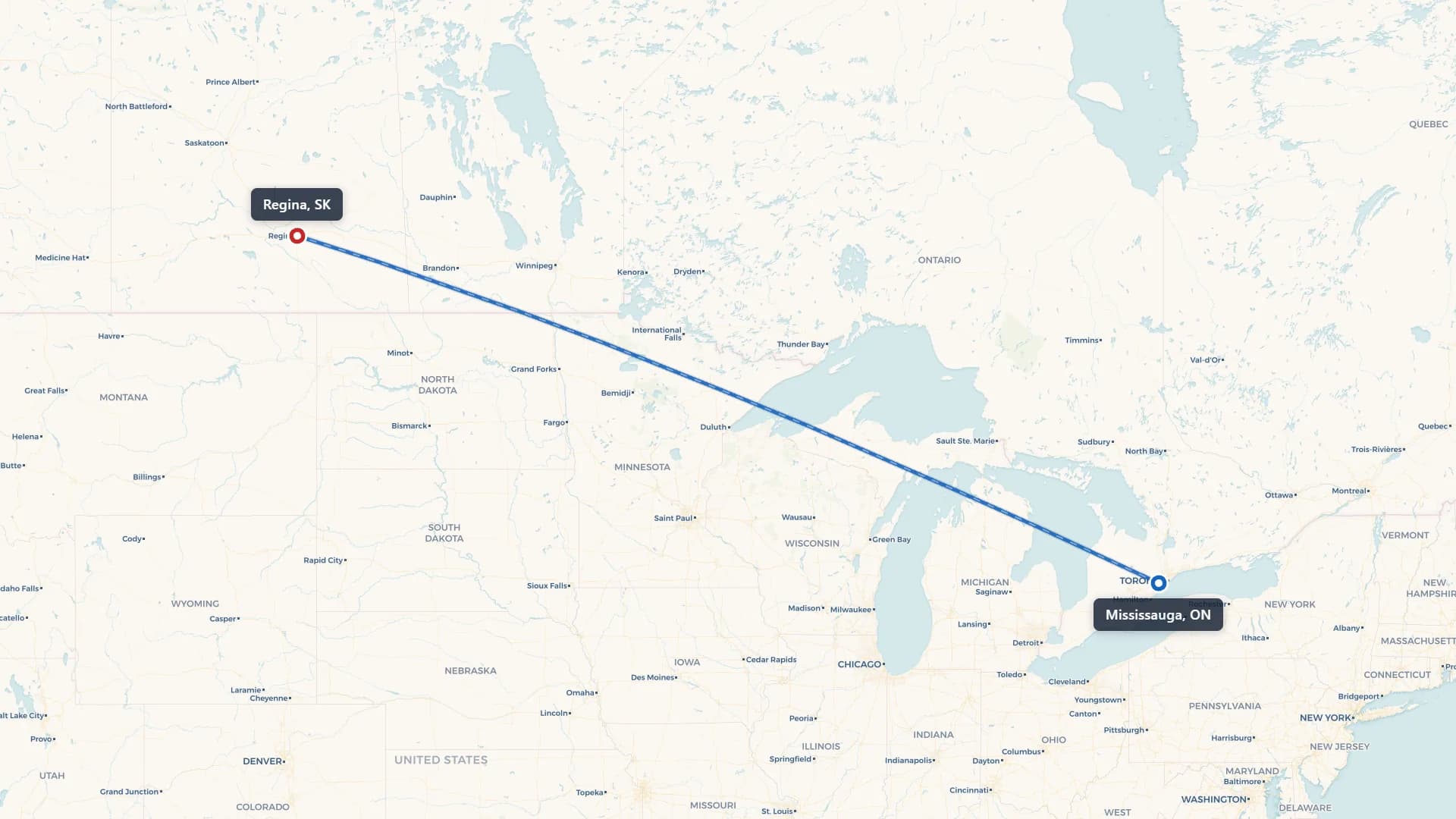 Map showing the Mississauga to Regina car shipping route
