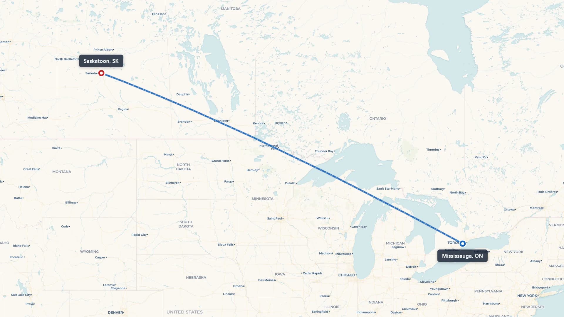 Map showing the Mississauga to Saskatoon car shipping route