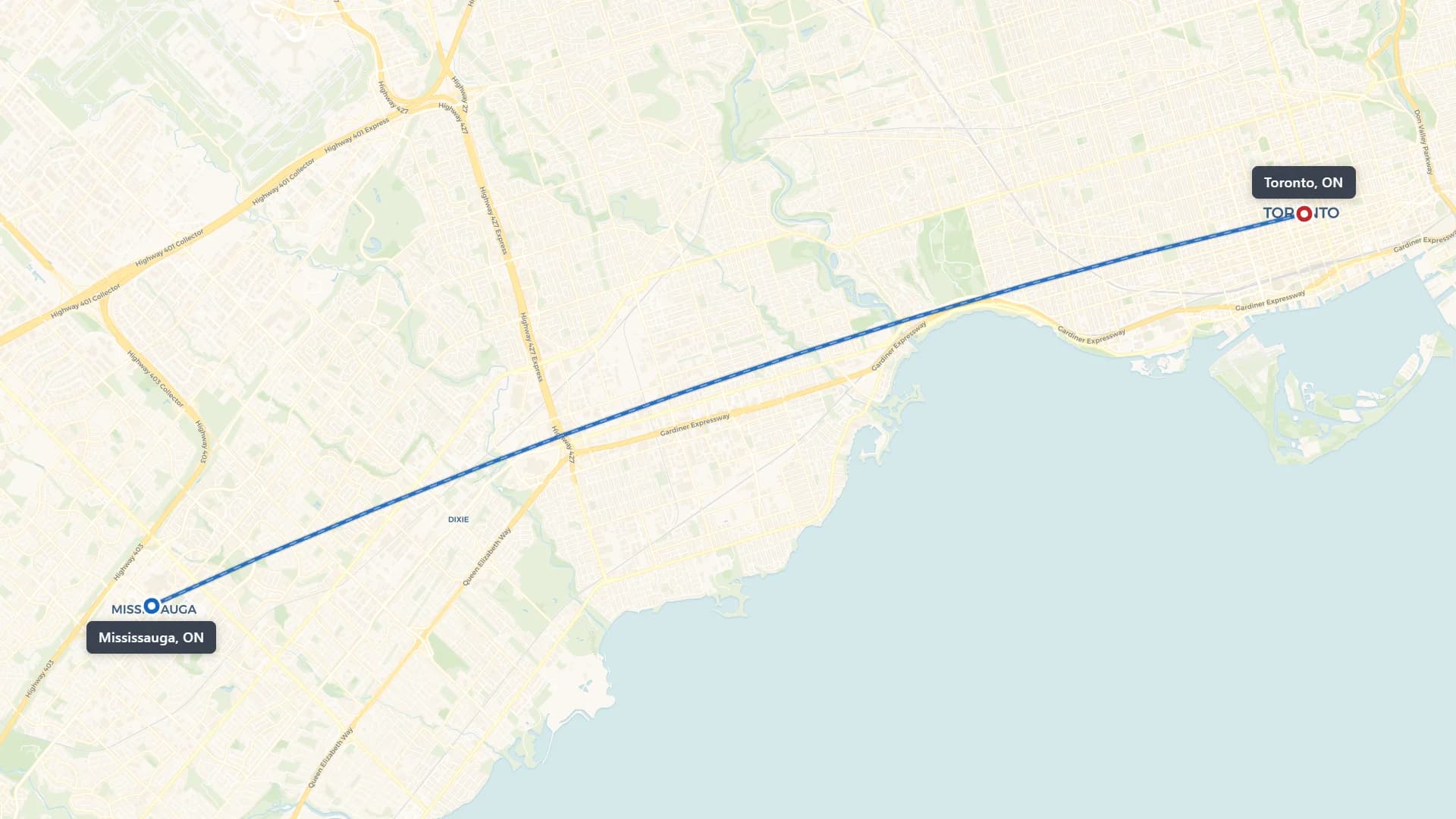 Map showing the Mississauga to Toronto car shipping route