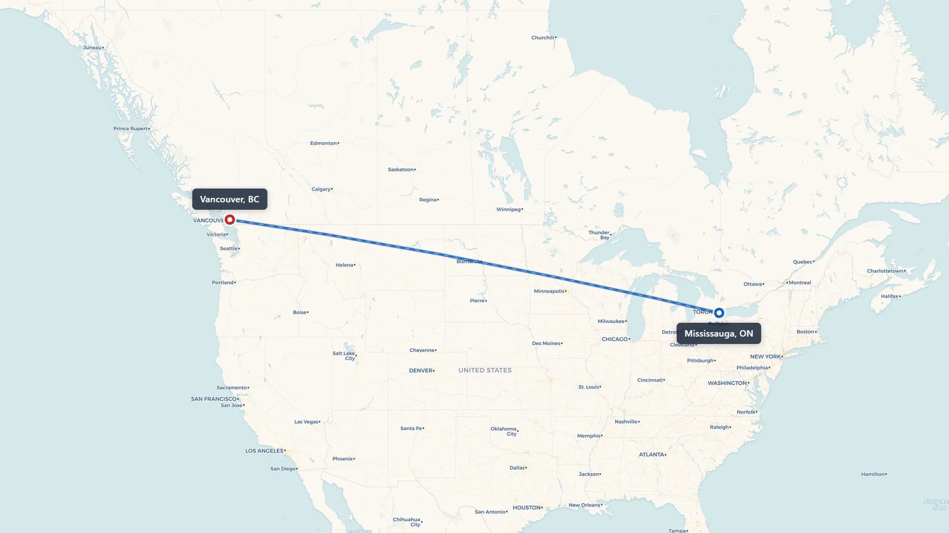 Map showing the Mississauga to Vancouver car shipping route