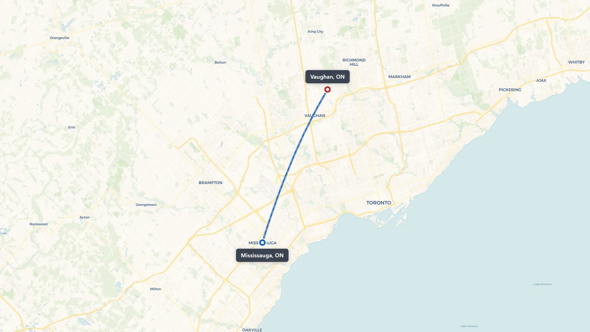 Map showing the Mississauga to Vaughan car shipping route