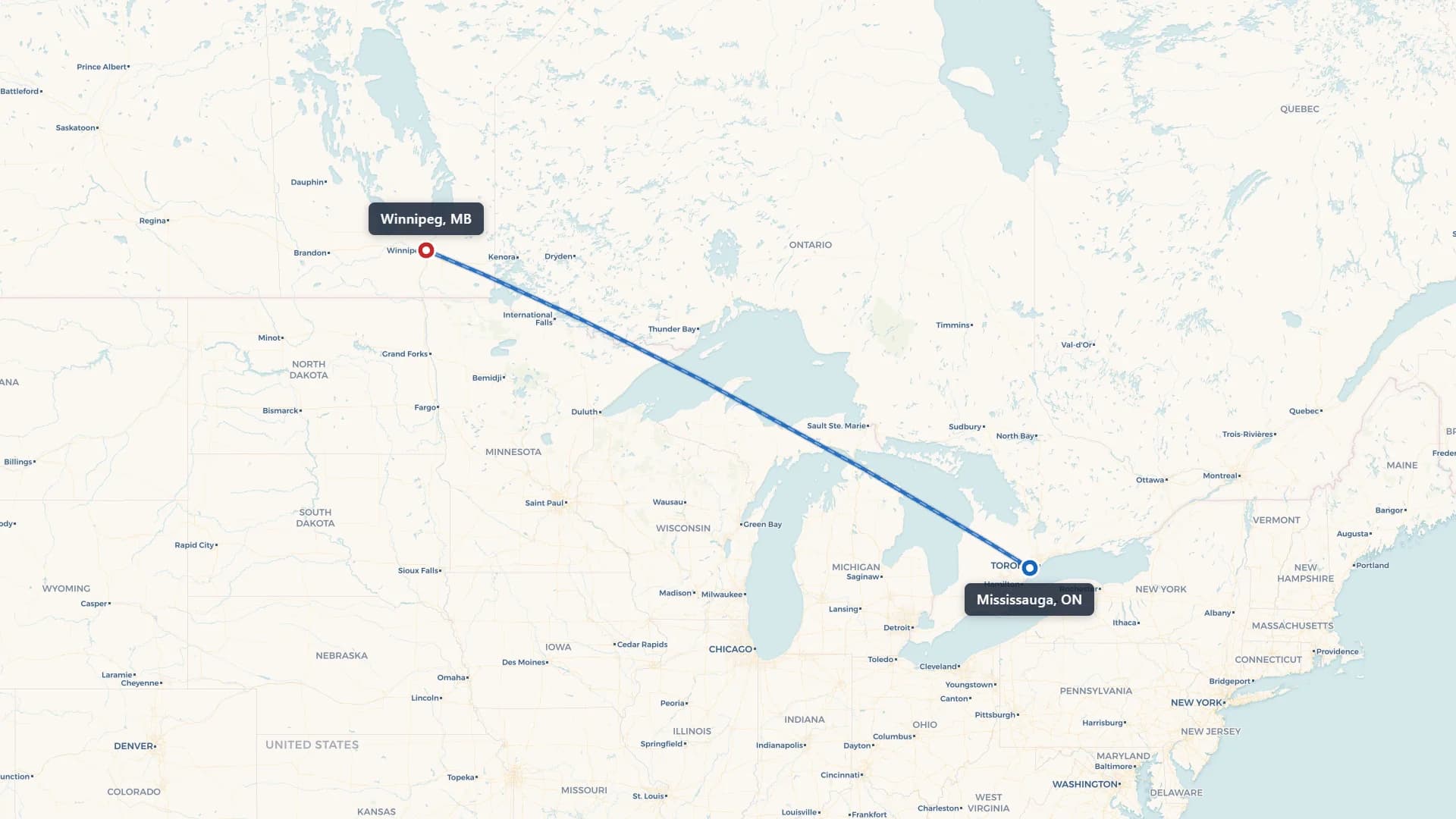 Map showing the Mississauga to Winnipeg car shipping route