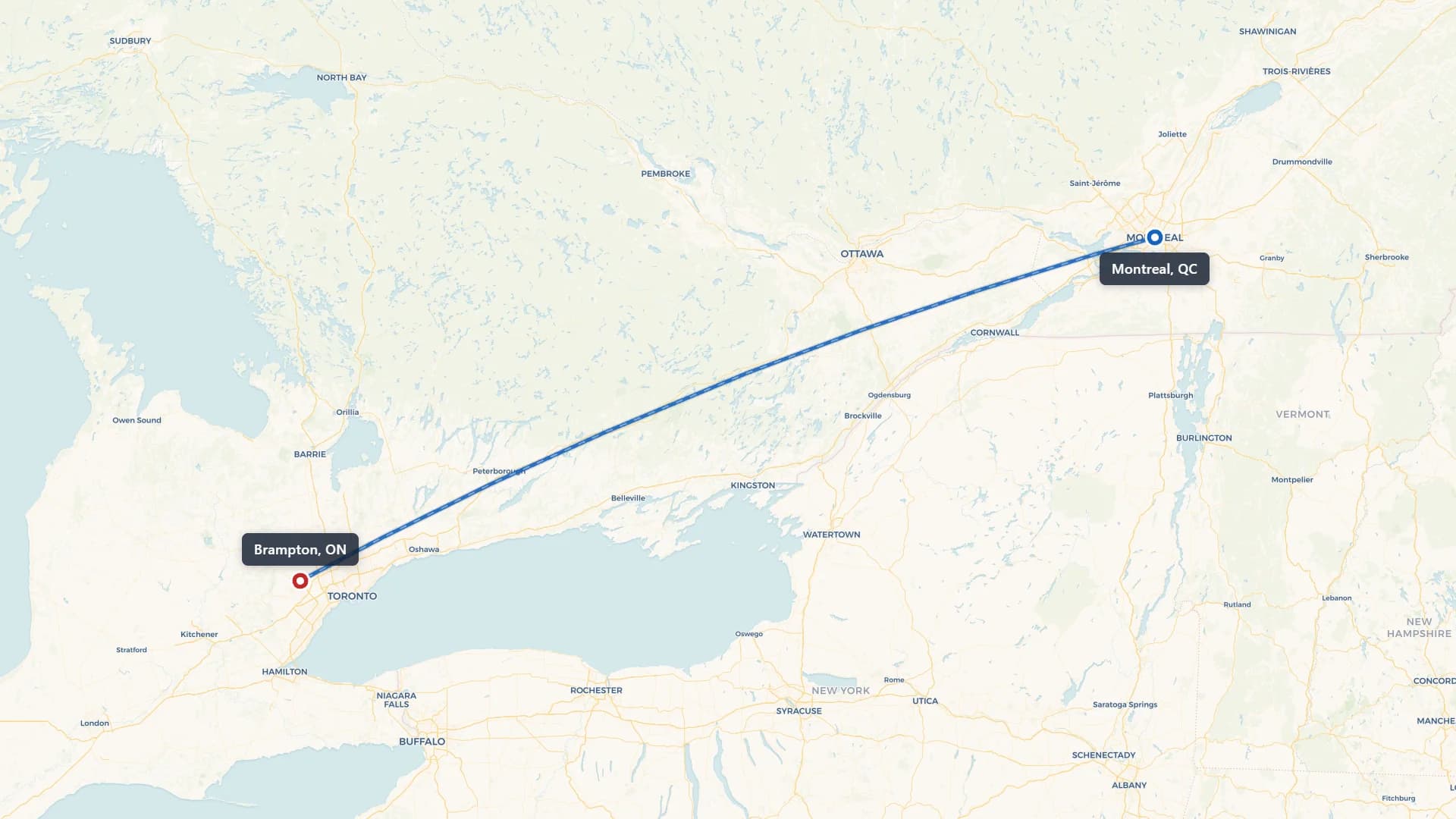 Route map showing car shipping from Montreal to Brampton