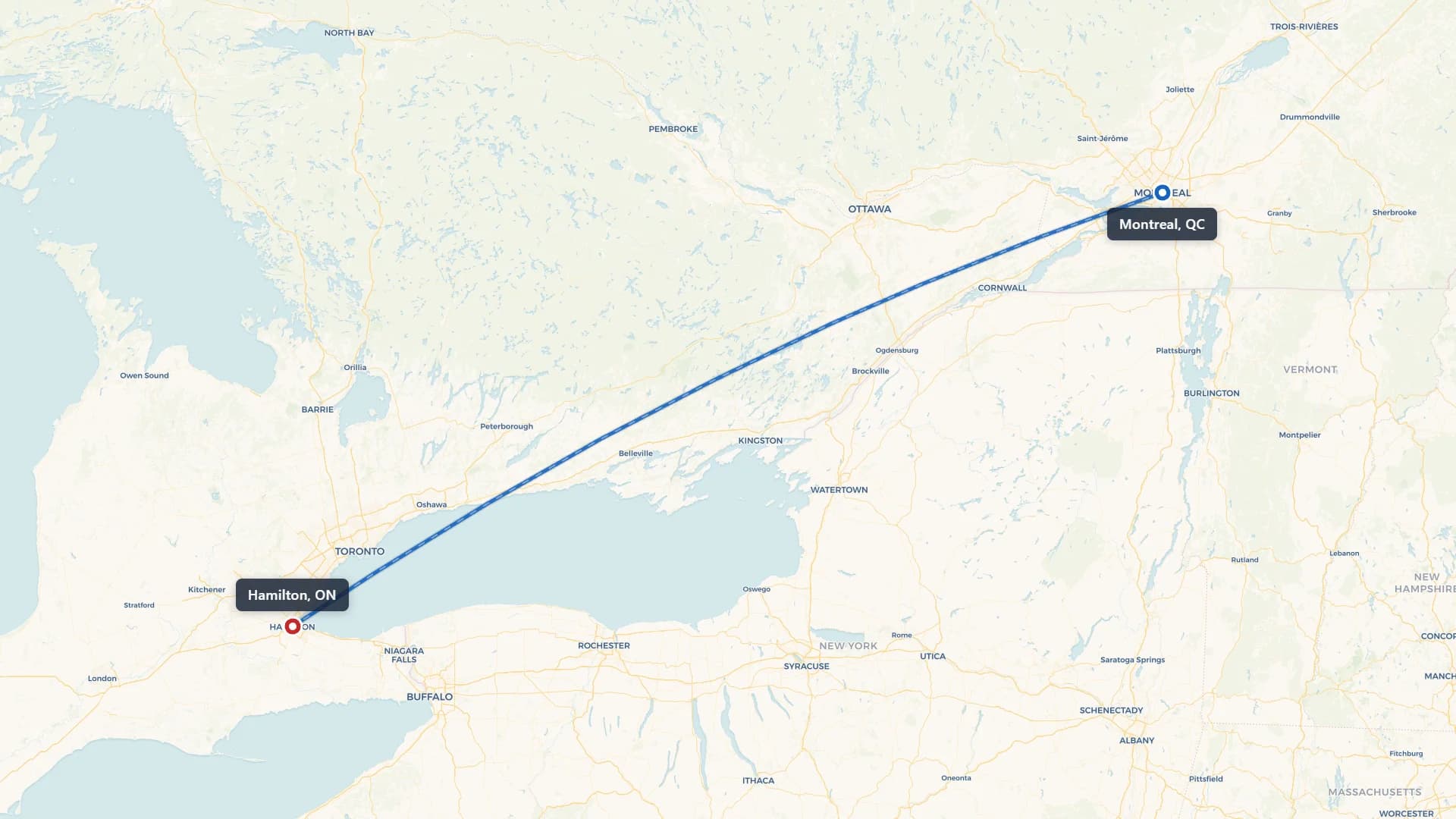 Route map showing car shipping from Montreal to Hamilton