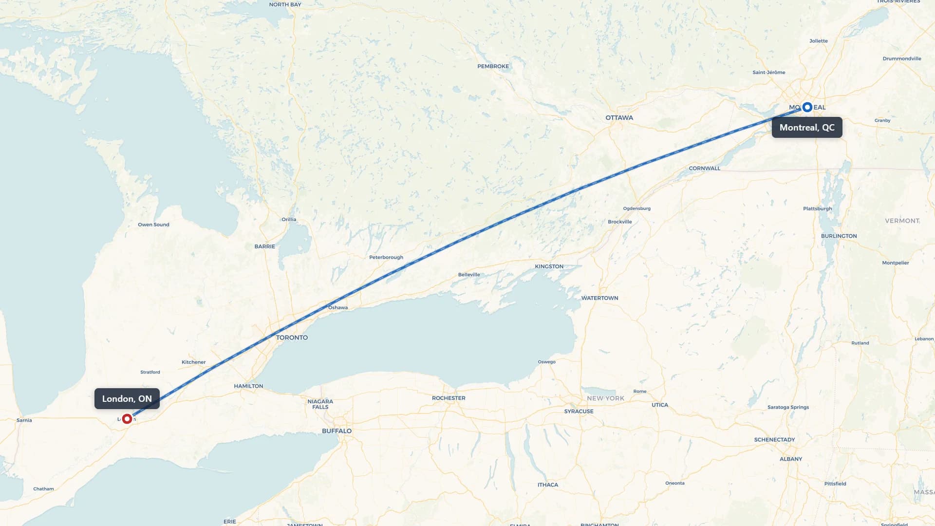 Route map showing car shipping from Montreal to London