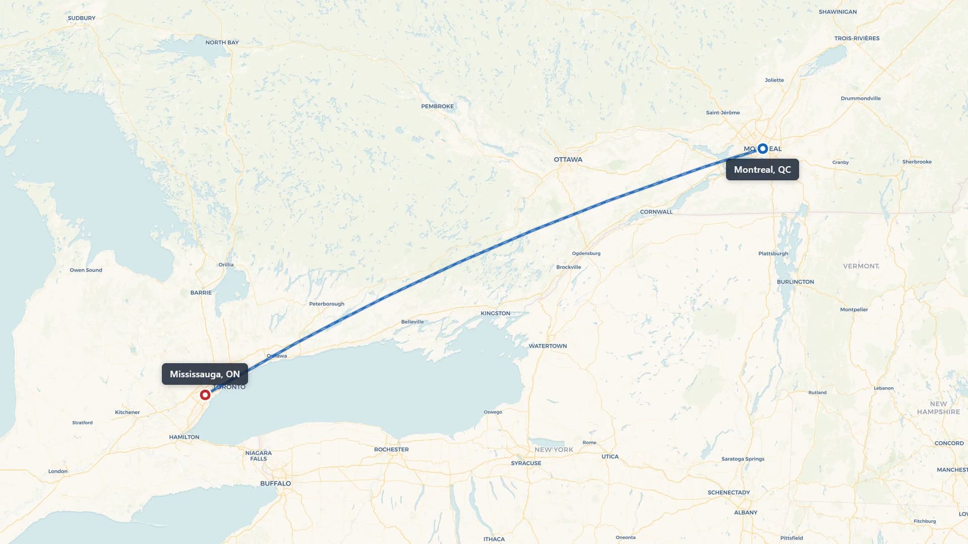 Route map showing car shipping from Montreal to Mississauga