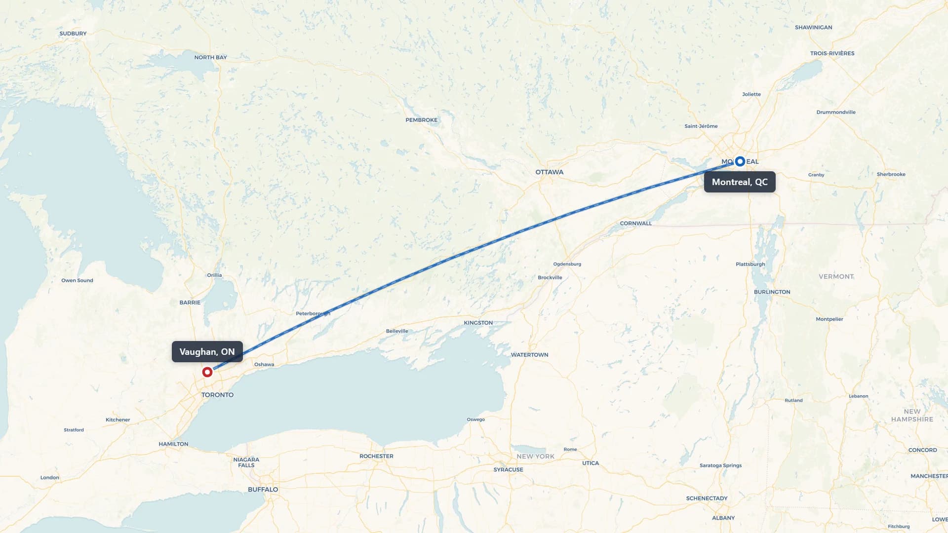 Route map showing car shipping from Montreal to Vaughan