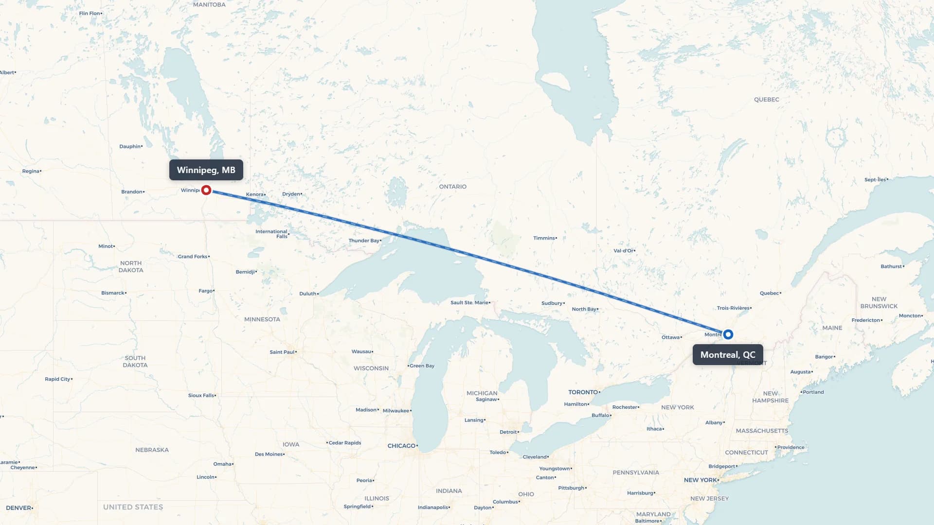 Route map showing car shipping from Montreal to Winnipeg