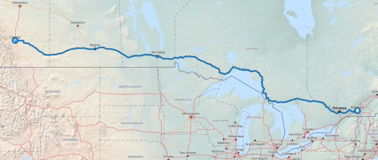 Map showing route from Montreal to Calgary