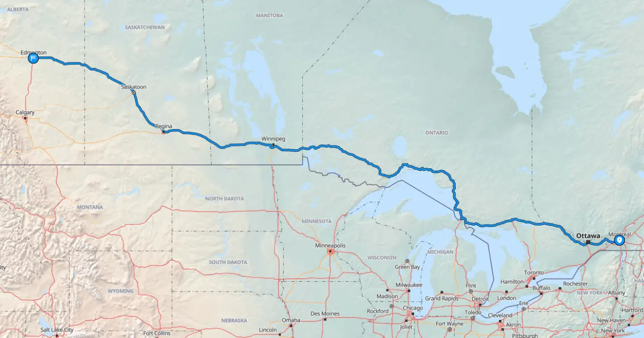Route map from Montreal to Edmonton