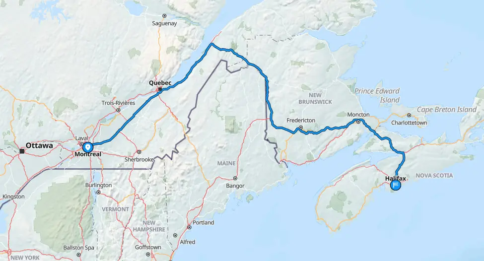 Map showing vehicle route from Montreal to Halifax